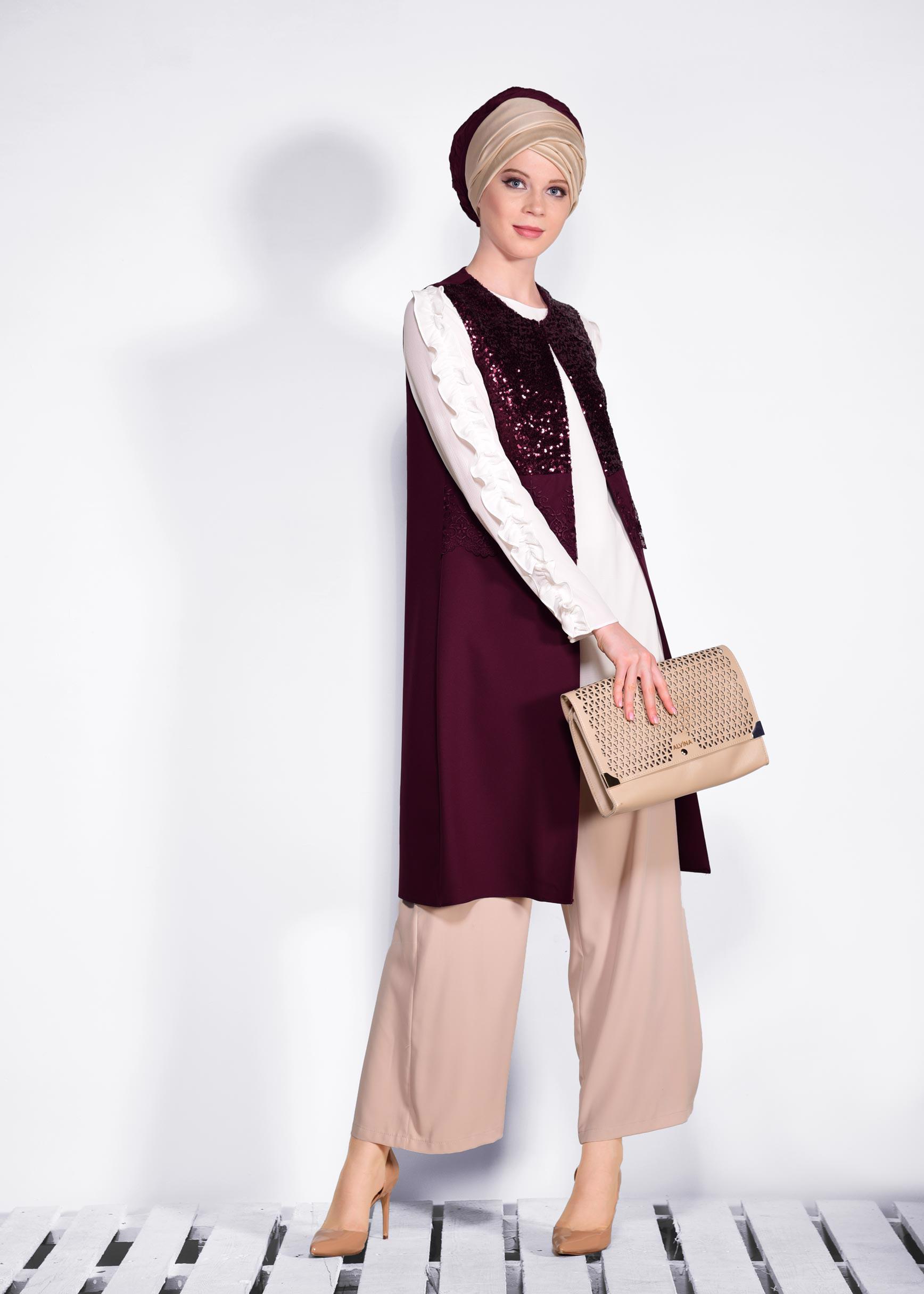 Tesettür giyim BORDO PUL PAYET VE GÜPÜRLÜ YELEK 4183