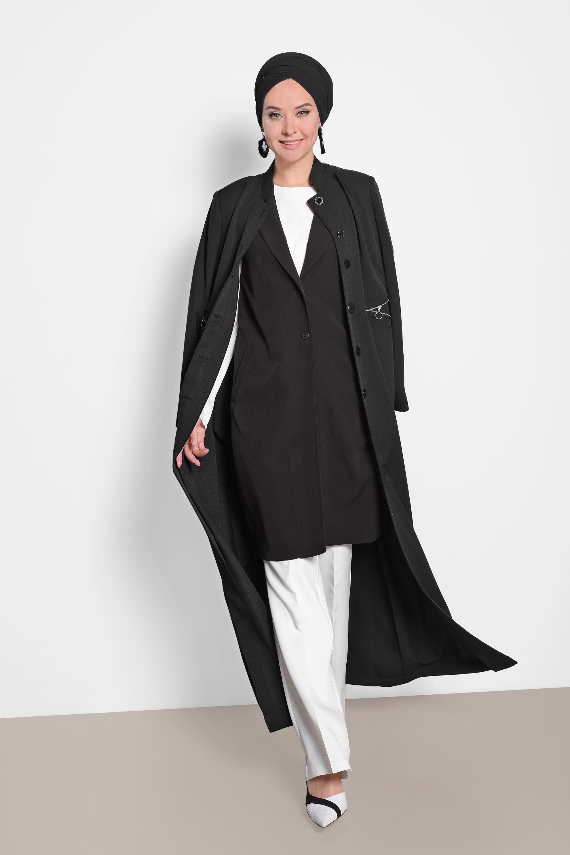 Tesettür giyim SİYAH YANDAN YIRTMAÇLI ÖNDEN DÜĞMELİ YELEK 4185