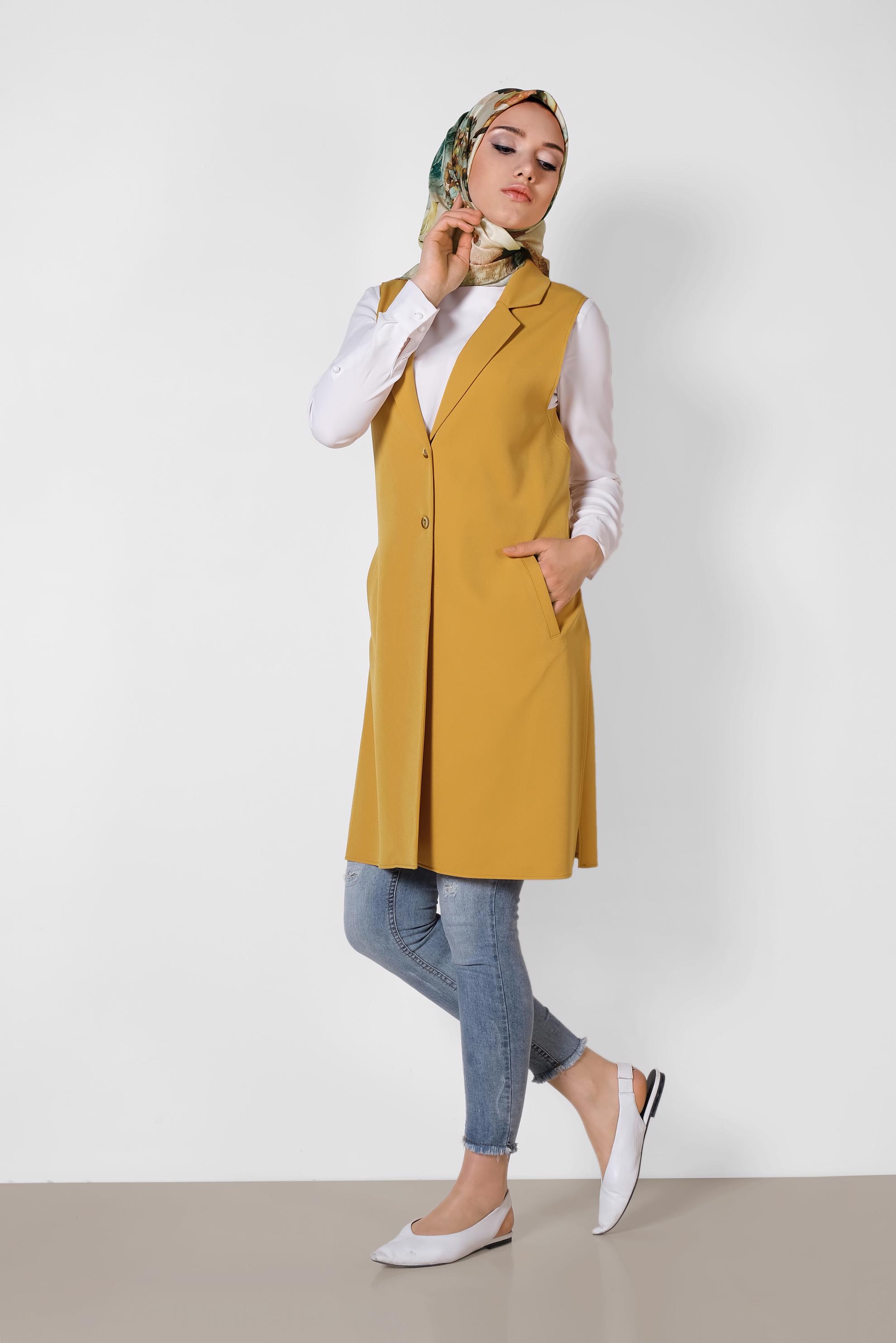 Tesettür giyim SARI YANDAN YIRTMAÇLI ÖNDEN DÜĞMELİ YELEK 4185