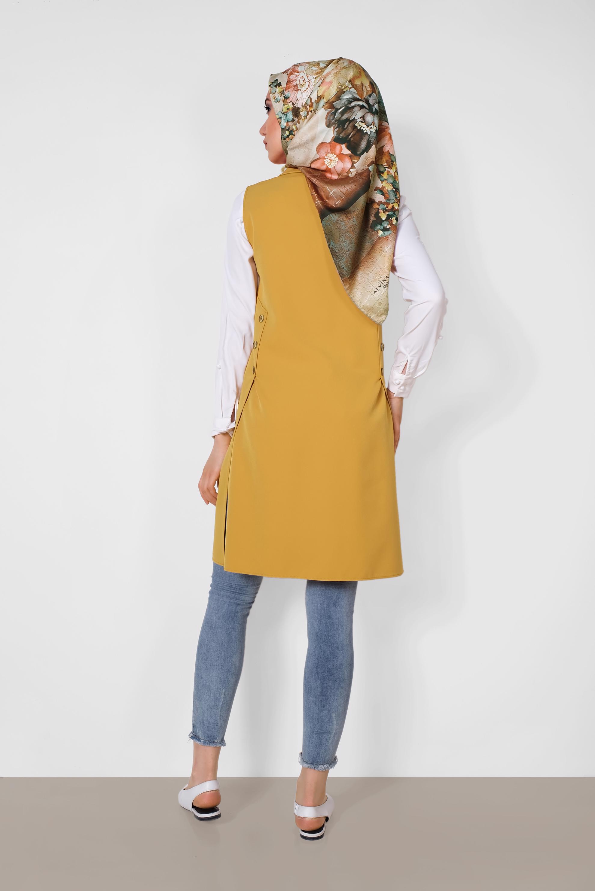 Tesettür giyim SARI YANDAN YIRTMAÇLI ÖNDEN DÜĞMELİ YELEK 4185