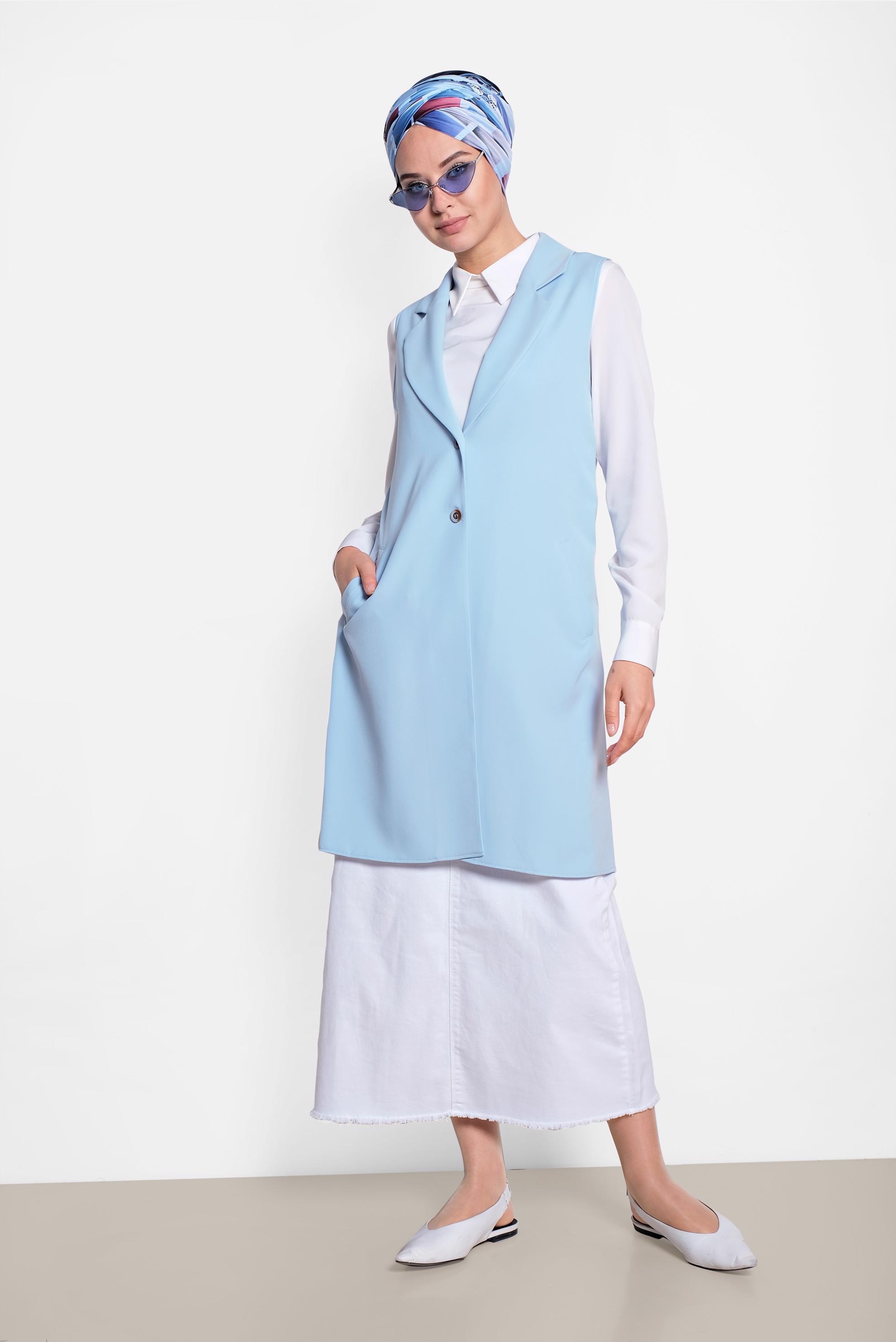 Tesettür giyim MAVİ YANDAN YIRTMAÇLI ÖNDEN DÜĞMELİ YELEK 4185