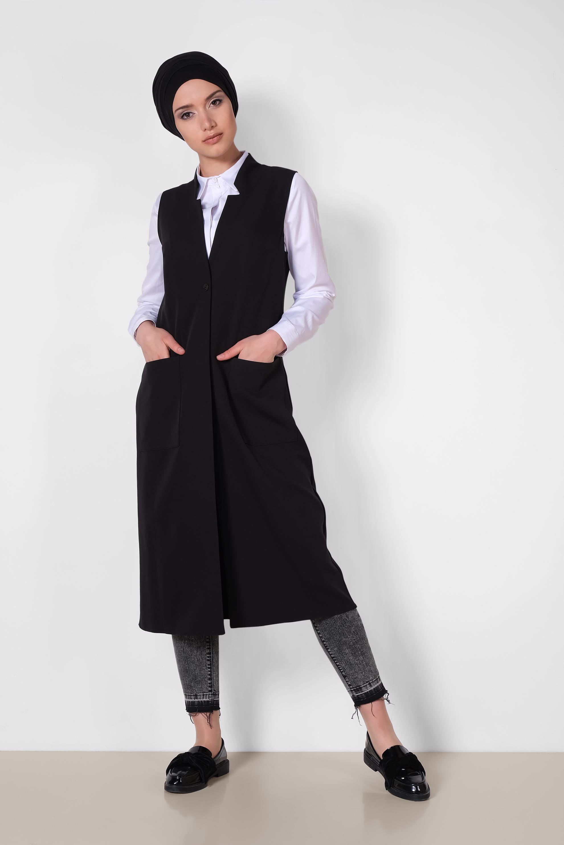 Tesettür giyim SİYAH TORBA CEP DETAYLI YELEK 4209