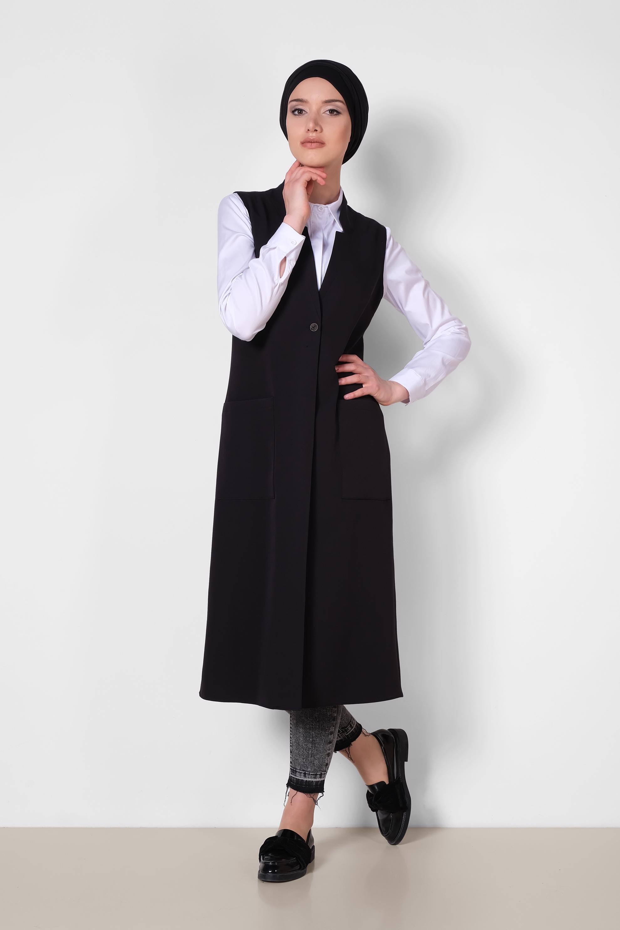 Tesettür giyim SİYAH TORBA CEP DETAYLI YELEK 4209