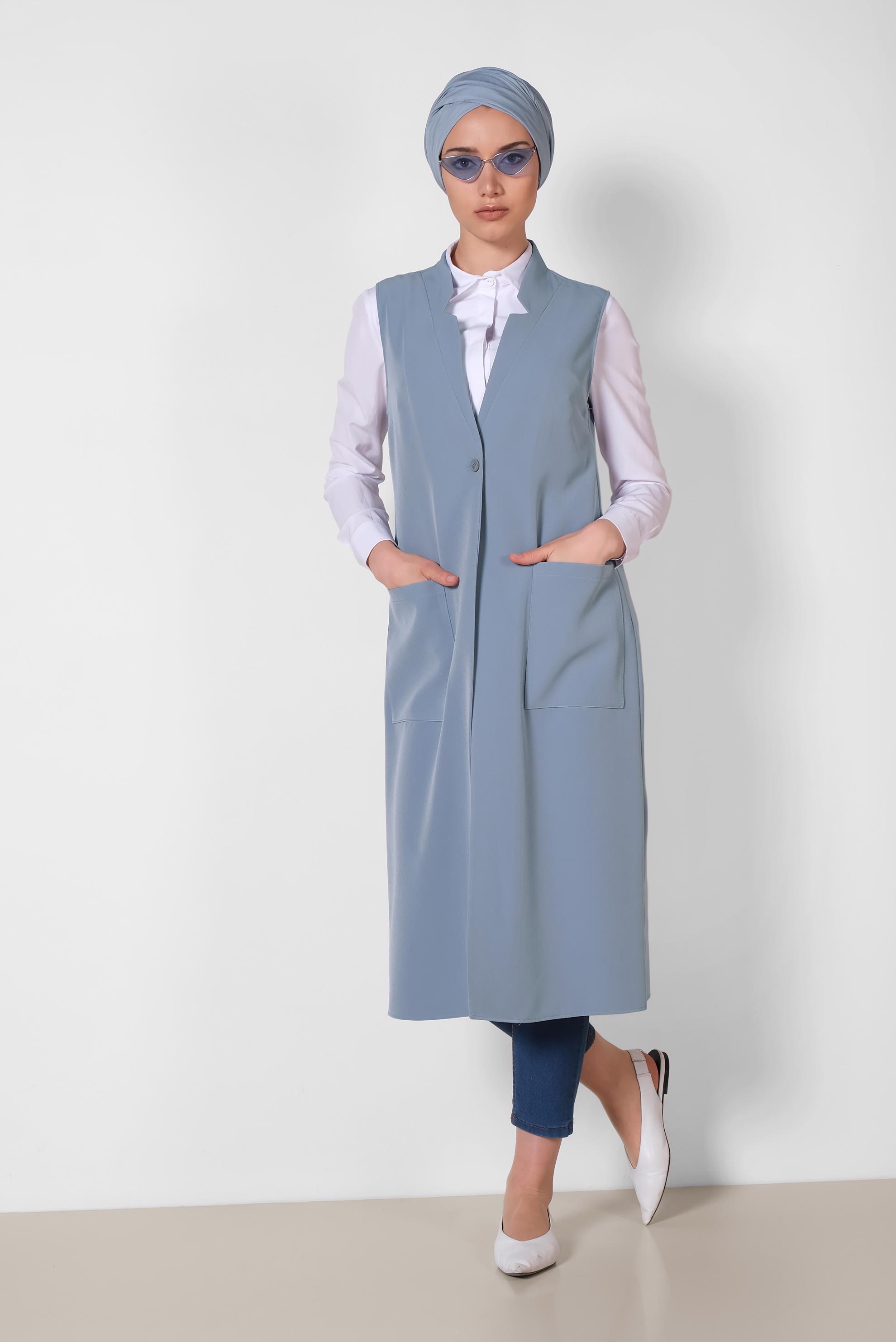 Tesettür giyim MAVİ TORBA CEP DETAYLI YELEK 4209