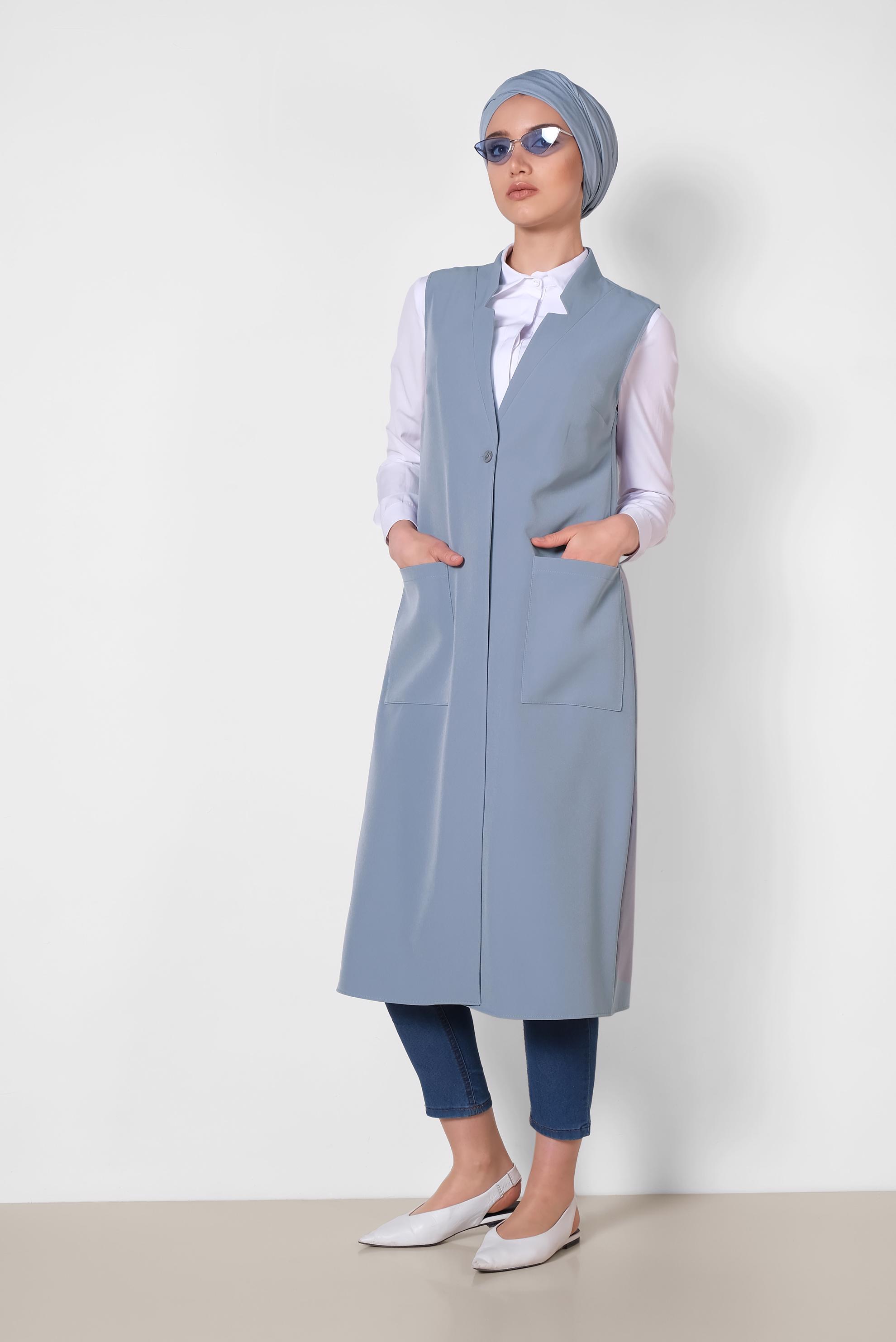 Tesettür giyim MAVİ TORBA CEP DETAYLI YELEK 4209