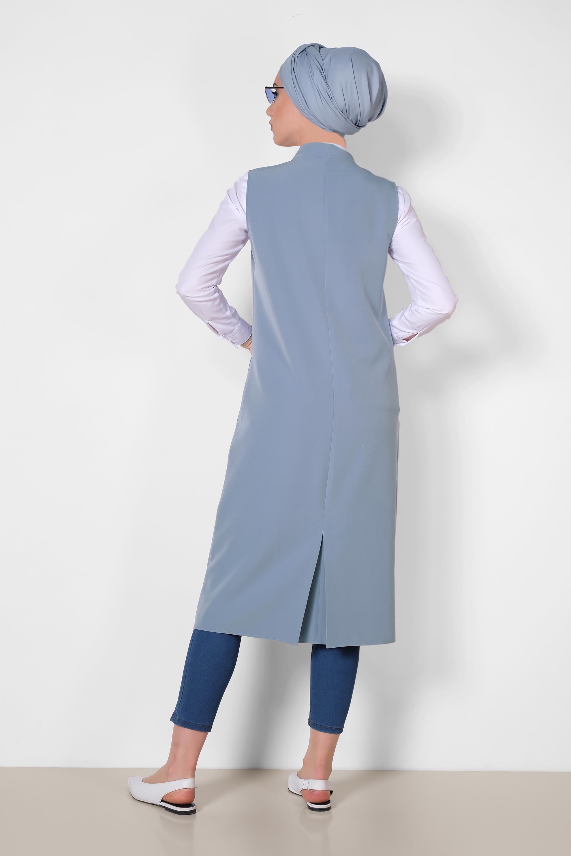 Tesettür giyim MAVİ TORBA CEP DETAYLI YELEK 4209