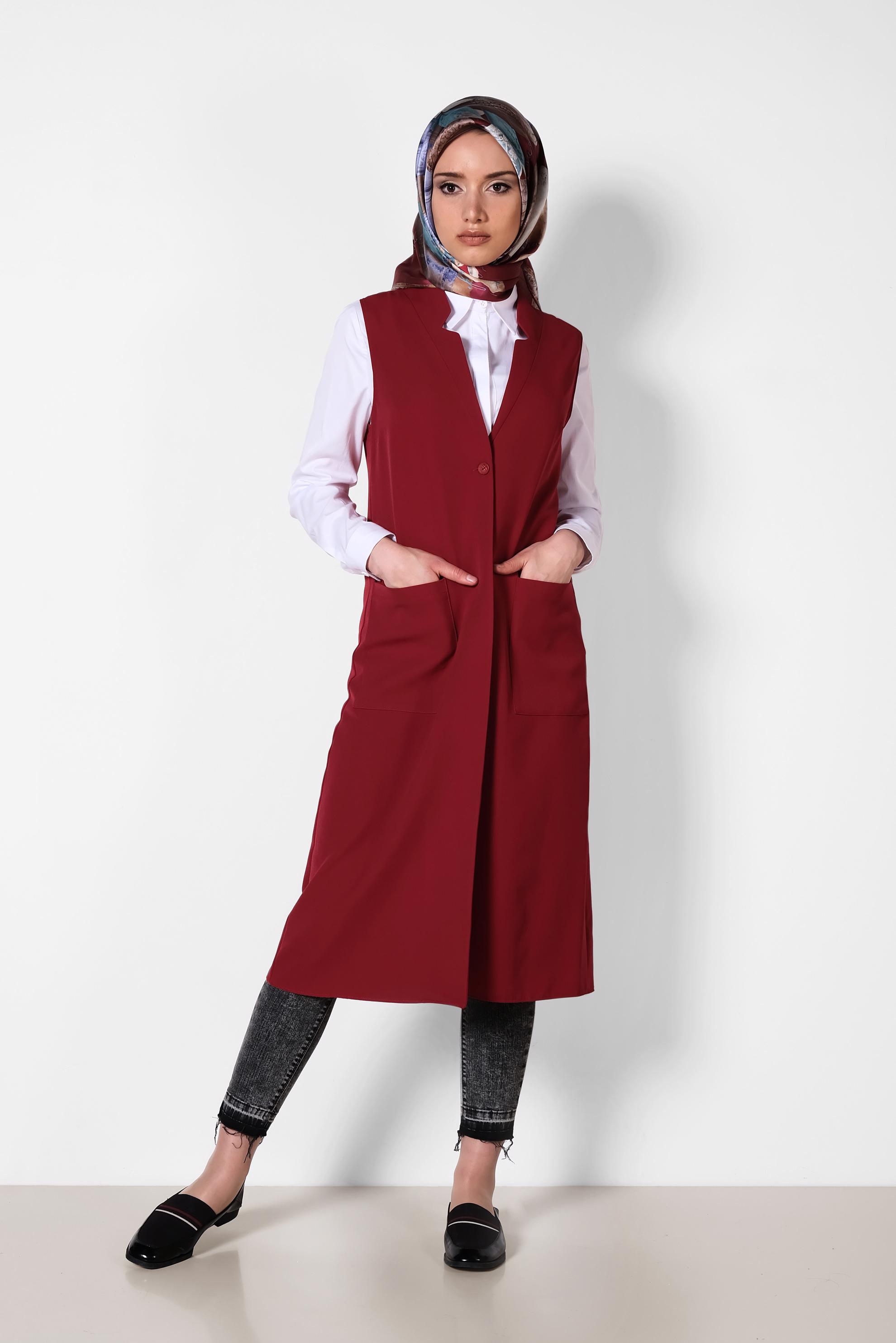 Tesettür giyim KIRMIZI TORBA CEP DETAYLI YELEK 4209