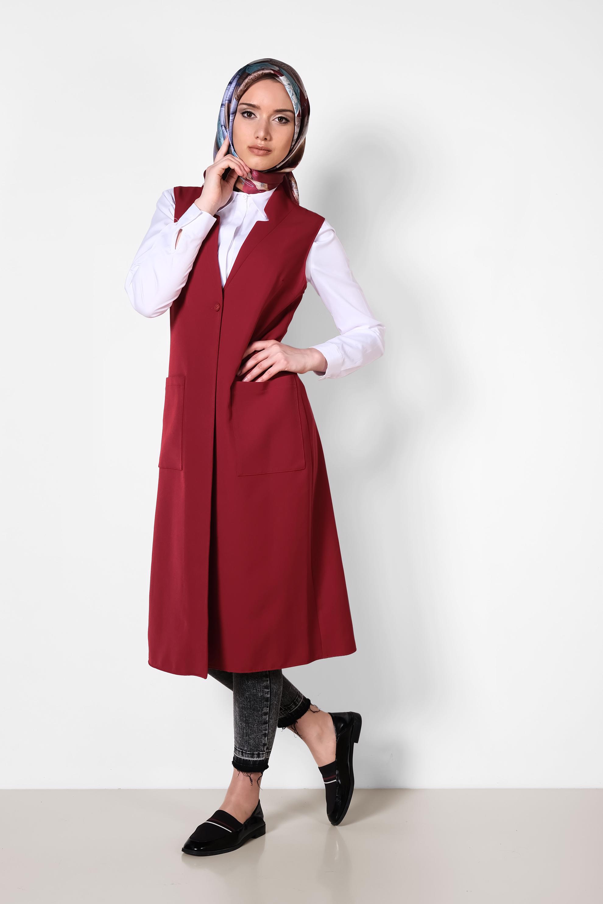 Tesettür giyim KIRMIZI TORBA CEP DETAYLI YELEK 4209