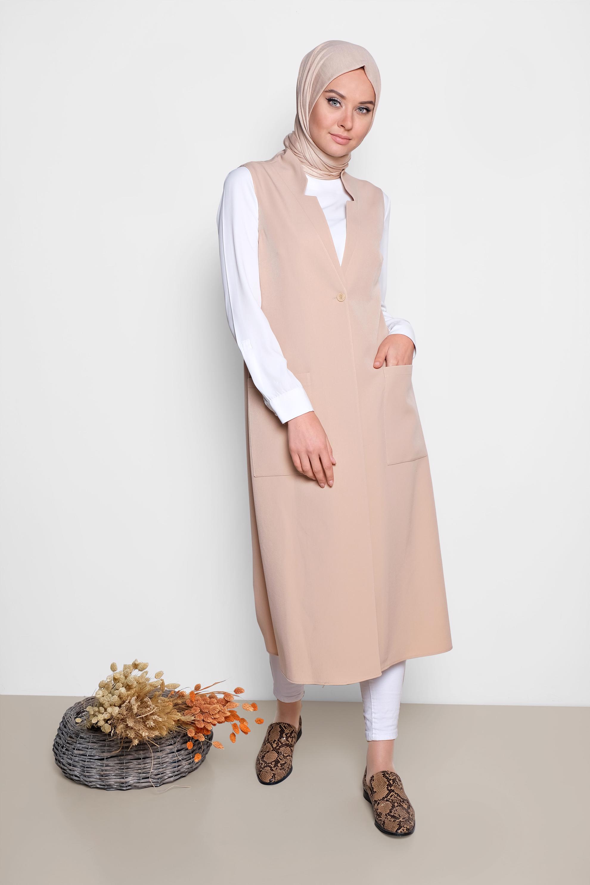Tesettür giyim BEJ TORBA CEP DETAYLI YELEK 4209