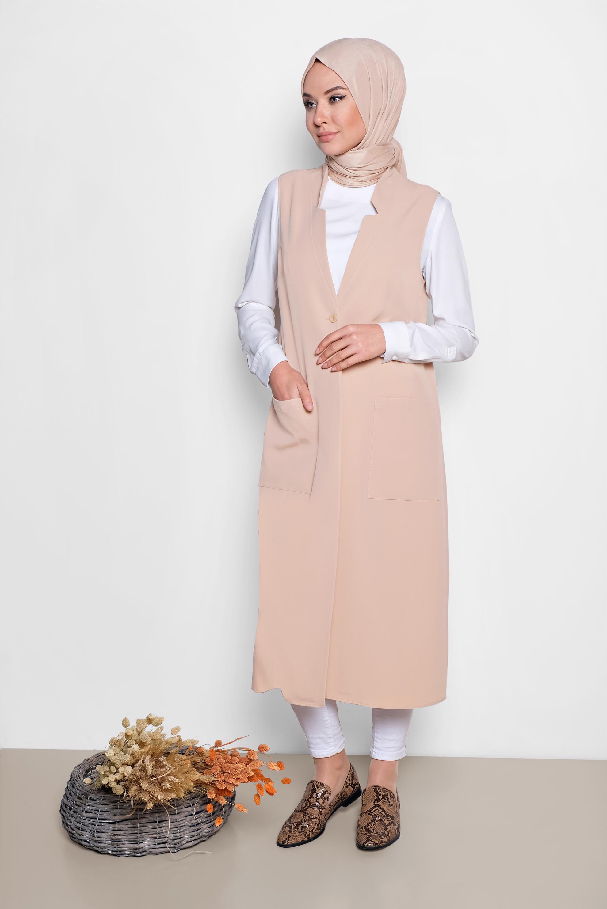 Tesettür giyim BEJ TORBA CEP DETAYLI YELEK 4209