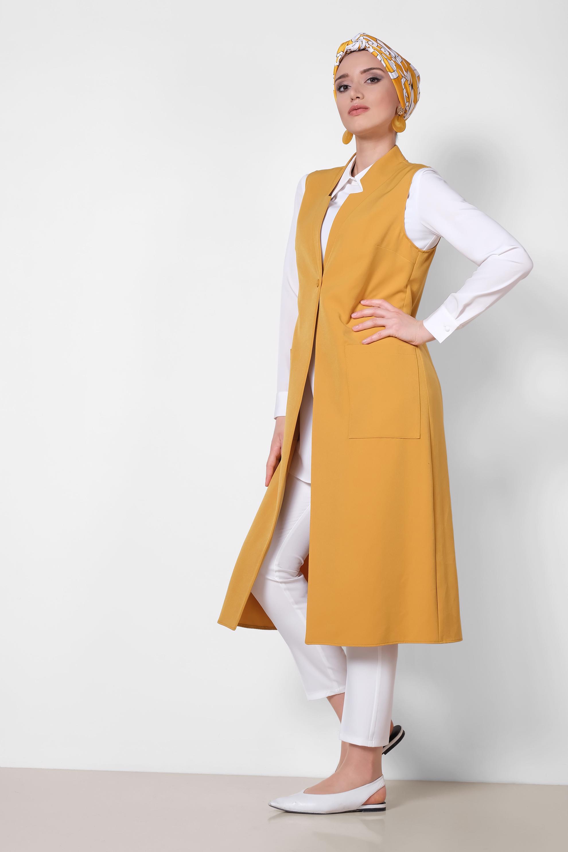 Tesettür giyim SARI TORBA CEP DETAYLI YELEK 4209