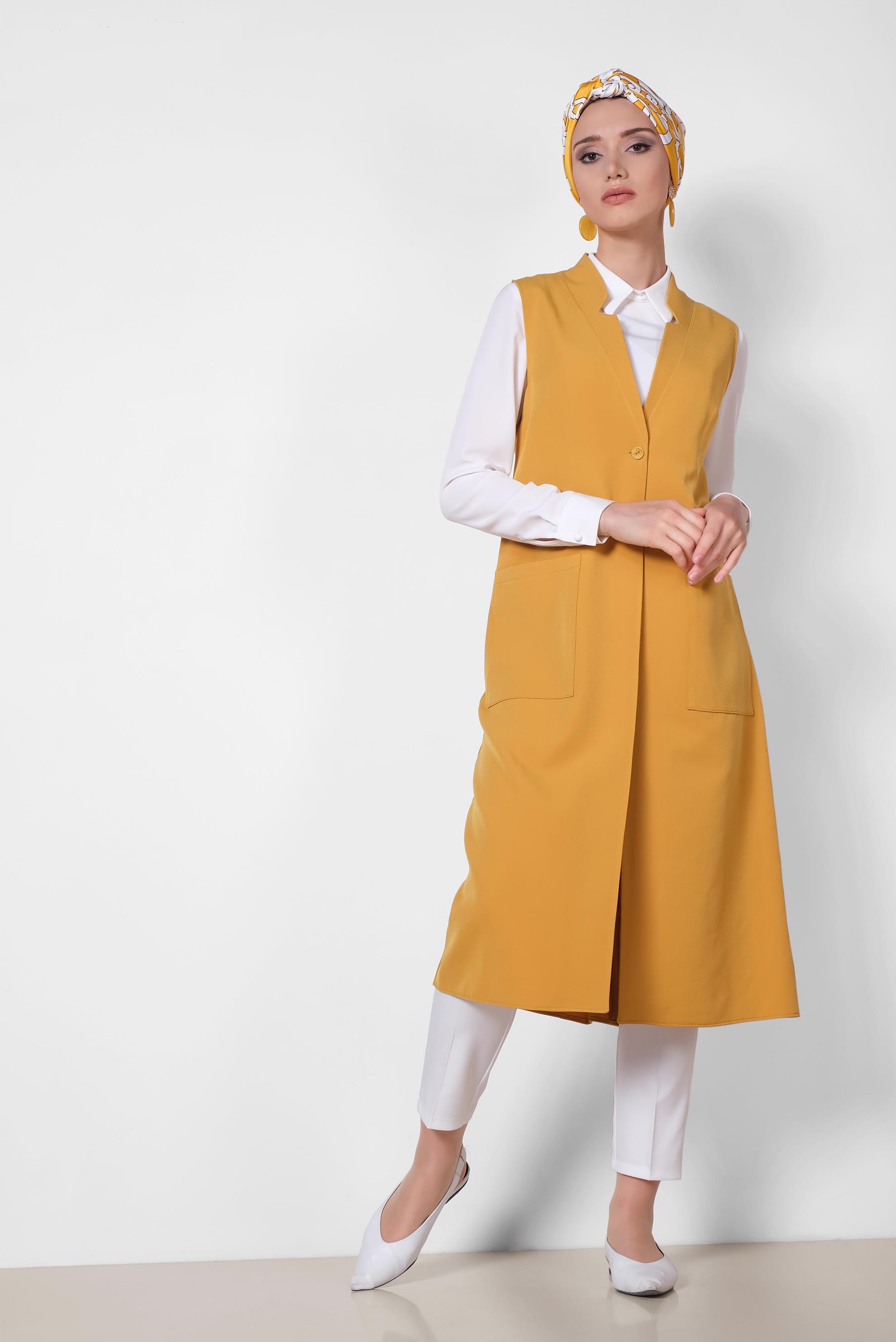 Tesettür giyim SARI TORBA CEP DETAYLI YELEK 4209