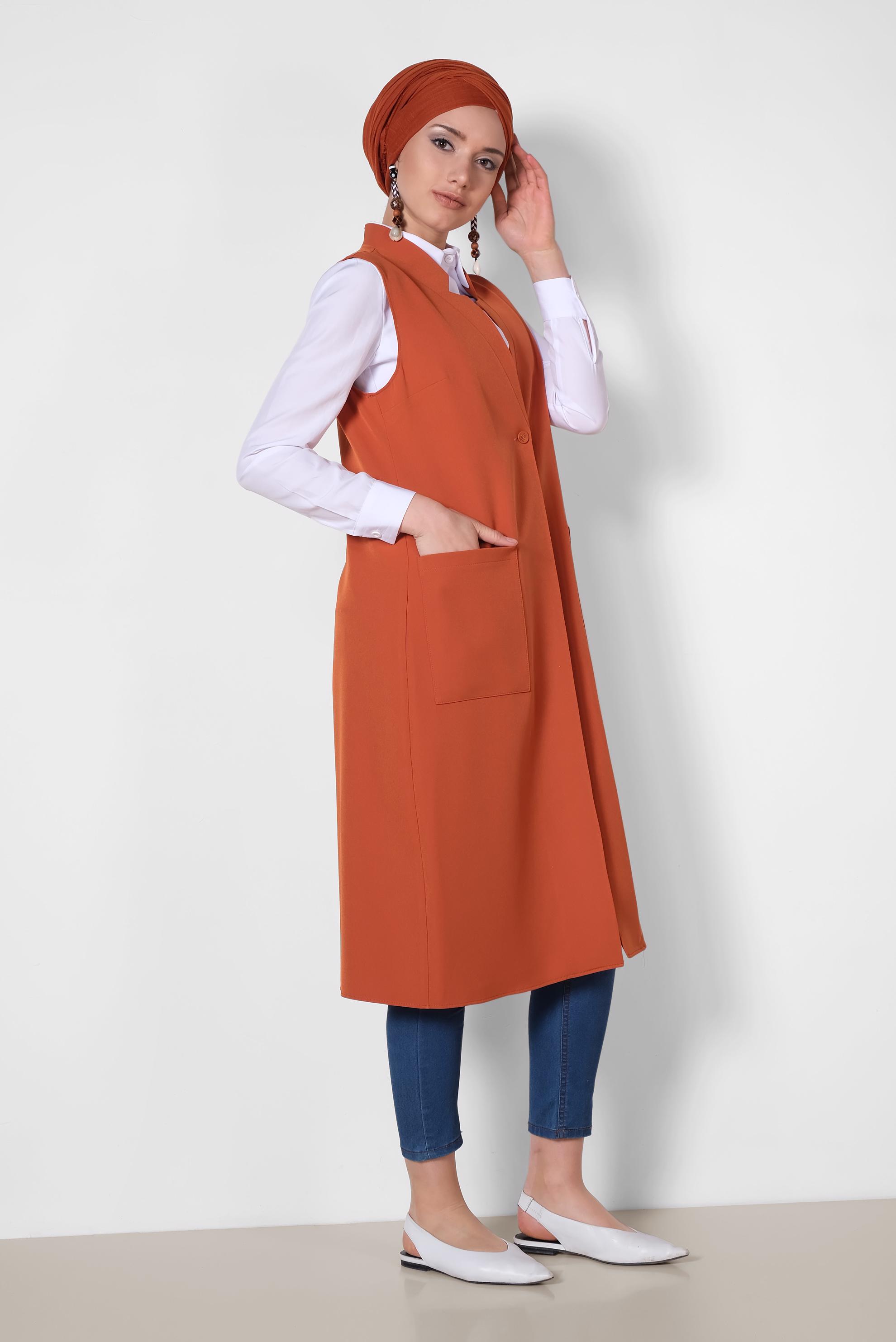 Tesettür giyim TURUNCU TORBA CEP DETAYLI YELEK 4209