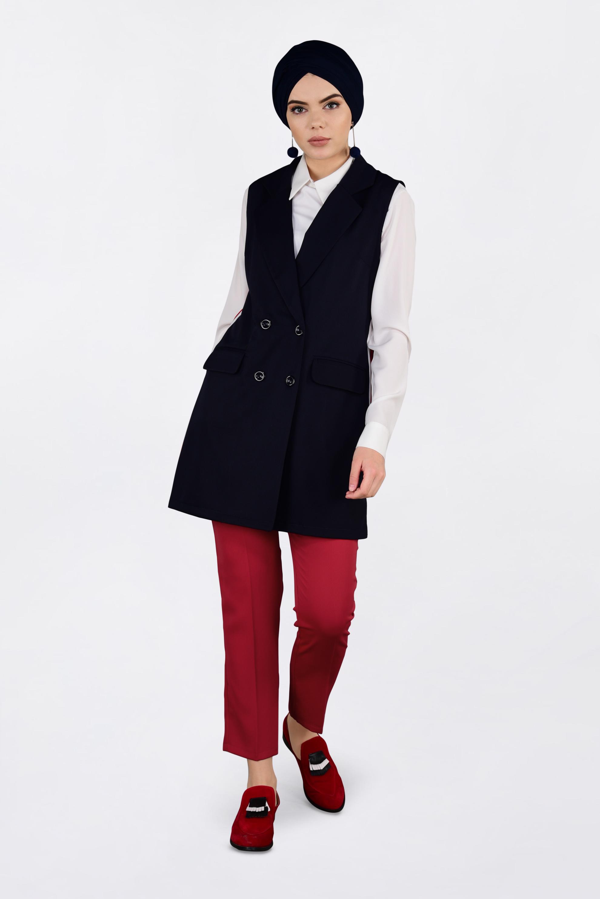 Tesettür giyim LACİVERT YANLARI ŞERİTLİ KRUVAZE YELEK 4297