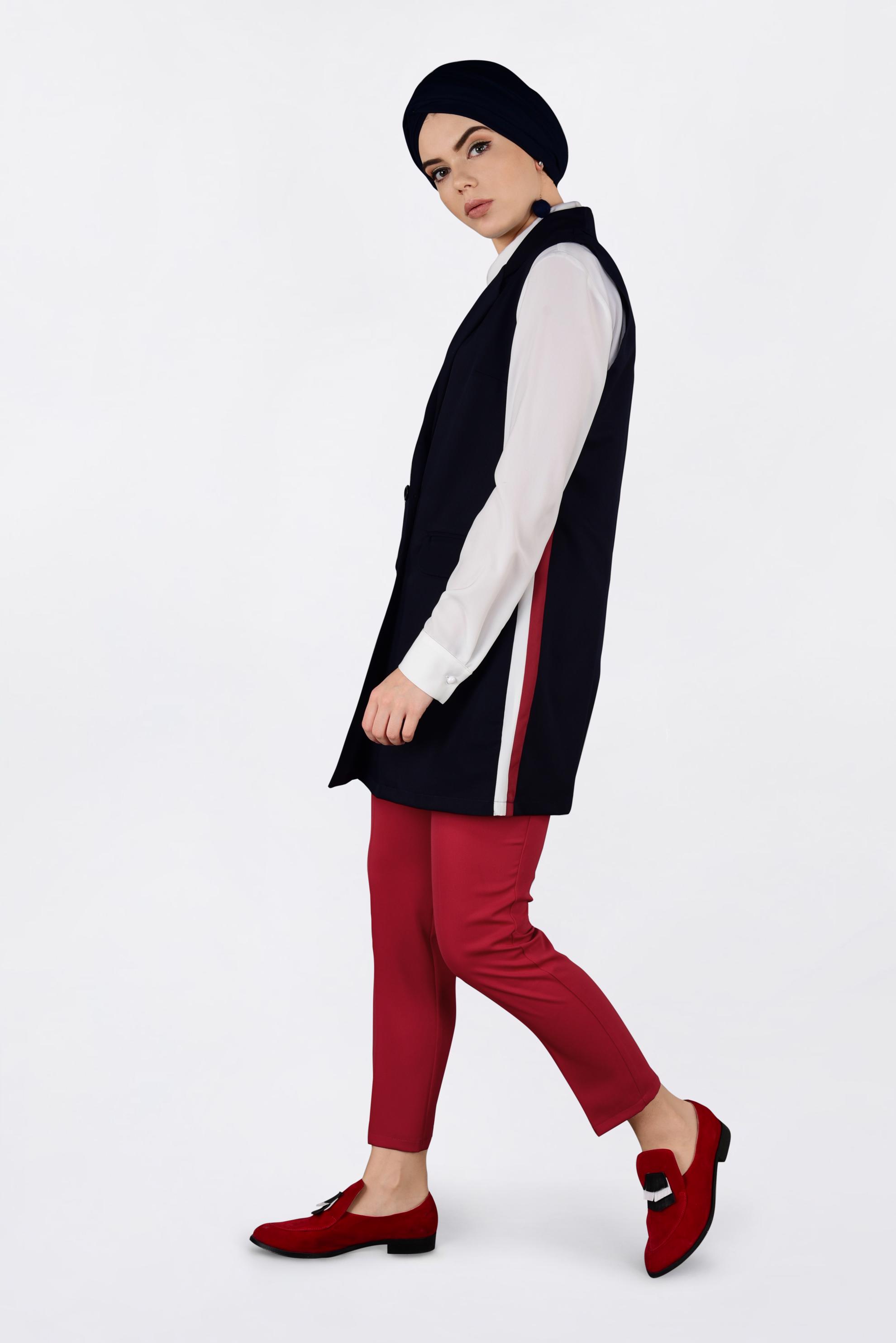 Tesettür giyim LACİVERT YANLARI ŞERİTLİ KRUVAZE YELEK 4297