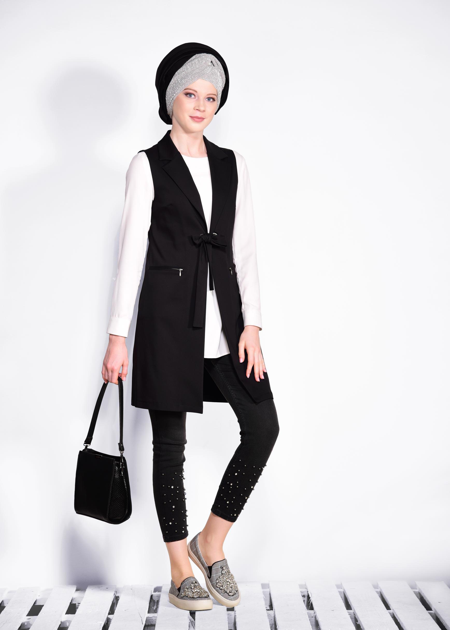 Tesettür giyim SİYAH KUŞGÖZÜ DETAYLI PAMUKLU YELEK 4298