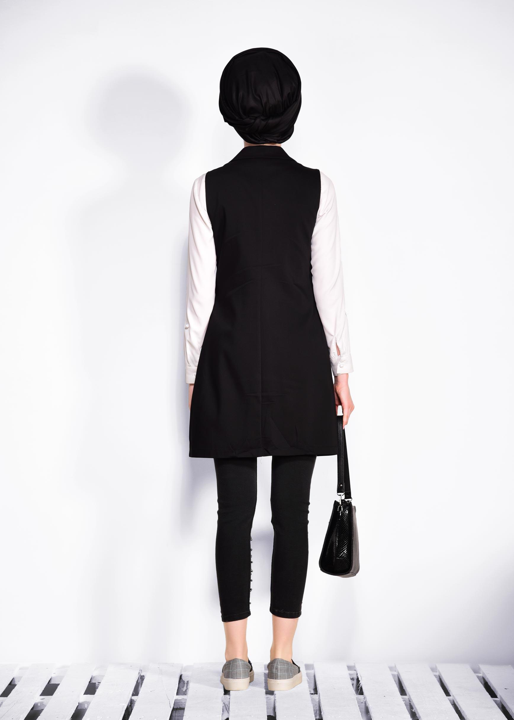 Tesettür giyim SİYAH KUŞGÖZÜ DETAYLI PAMUKLU YELEK 4298