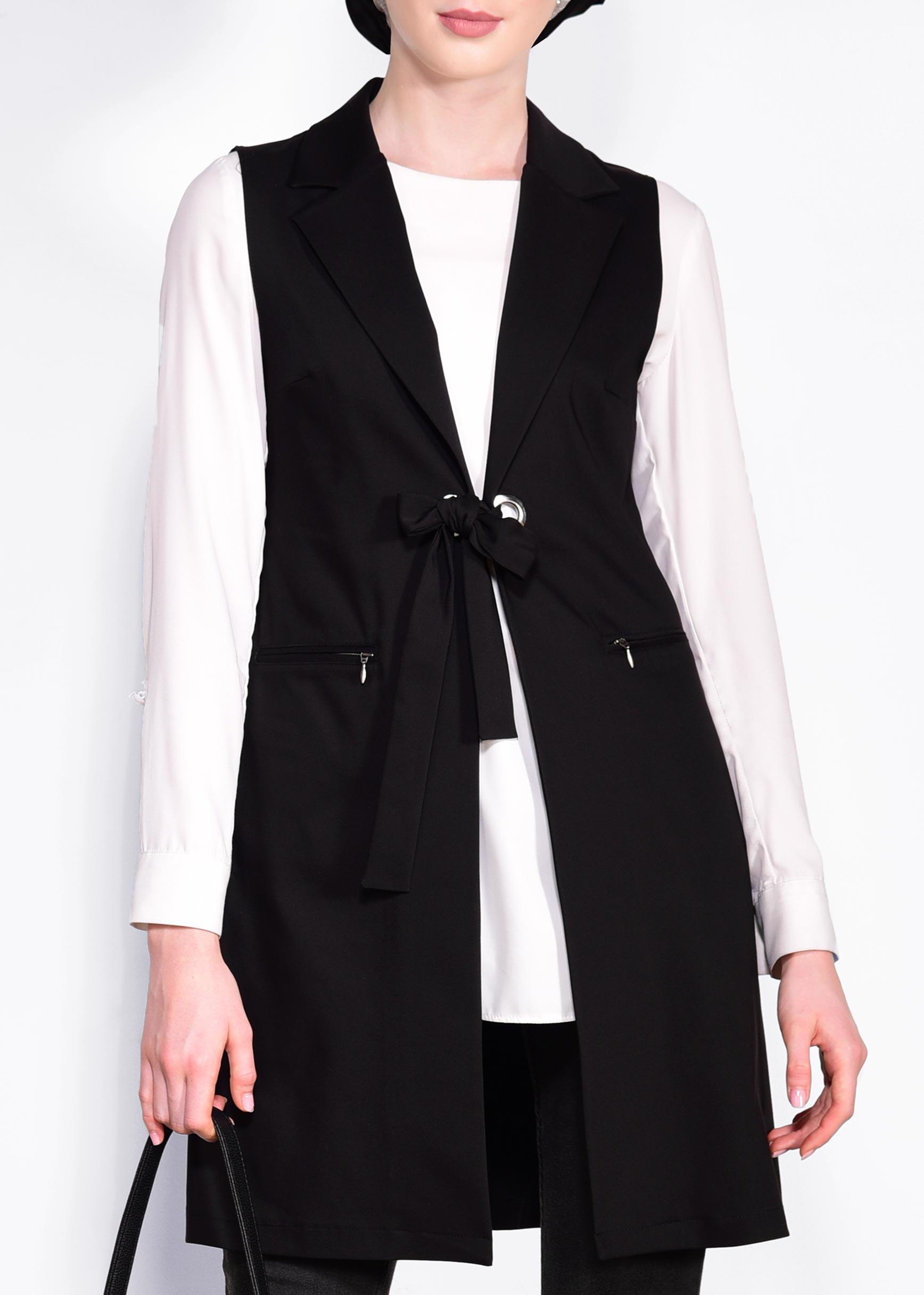 Tesettür giyim SİYAH KUŞGÖZÜ DETAYLI PAMUKLU YELEK 4298