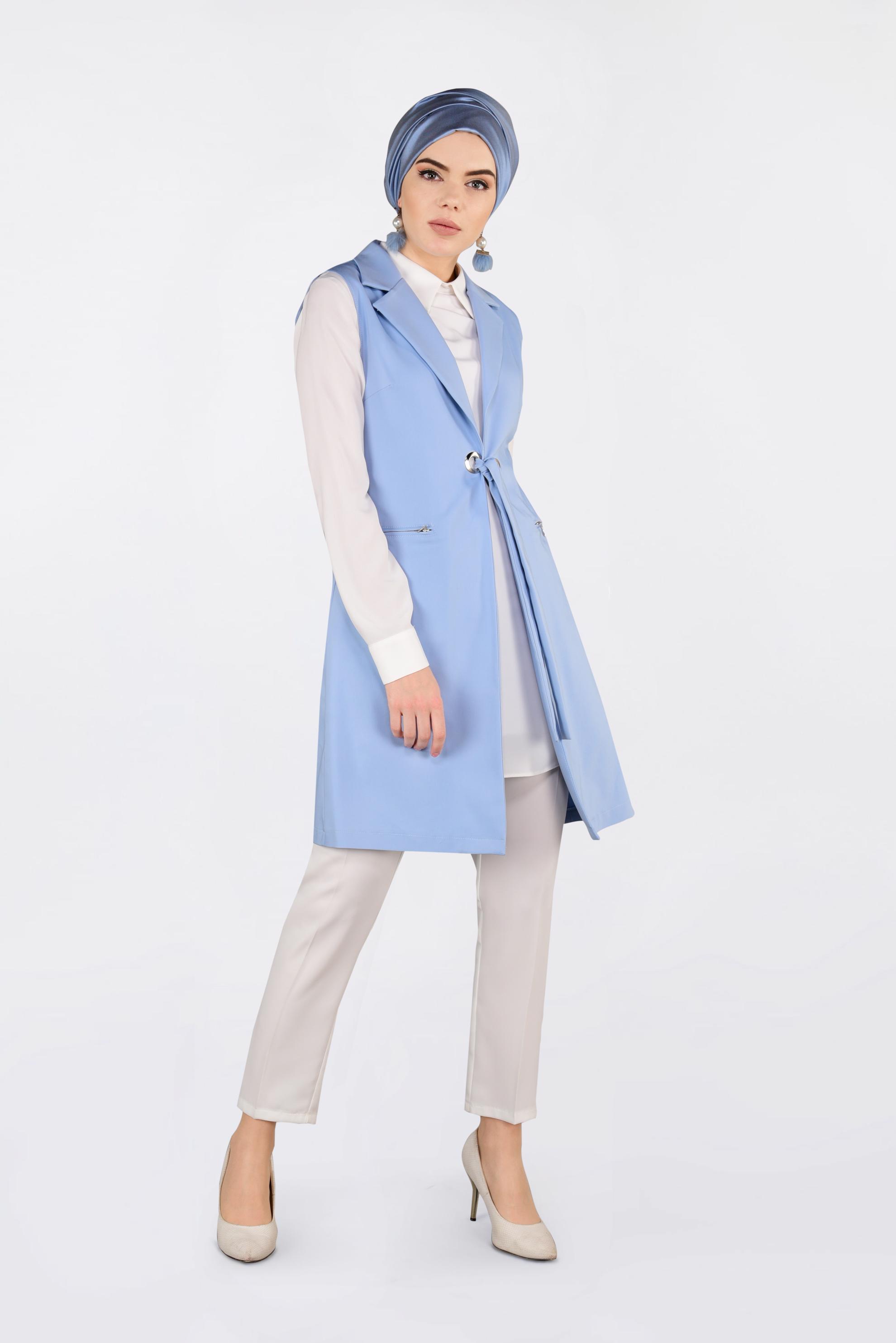 Tesettür giyim MAVİ KUŞGÖZÜ DETAYLI PAMUKLU YELEK 4298