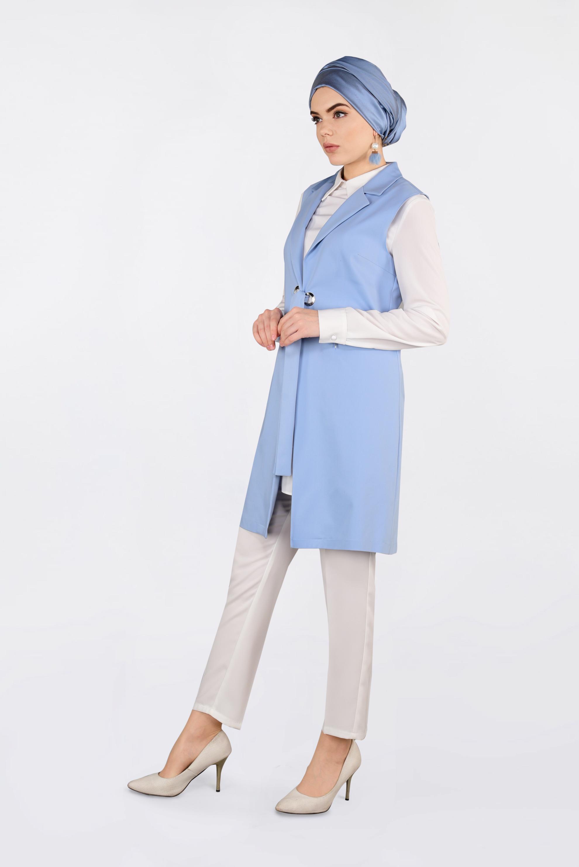 Tesettür giyim MAVİ KUŞGÖZÜ DETAYLI PAMUKLU YELEK 4298