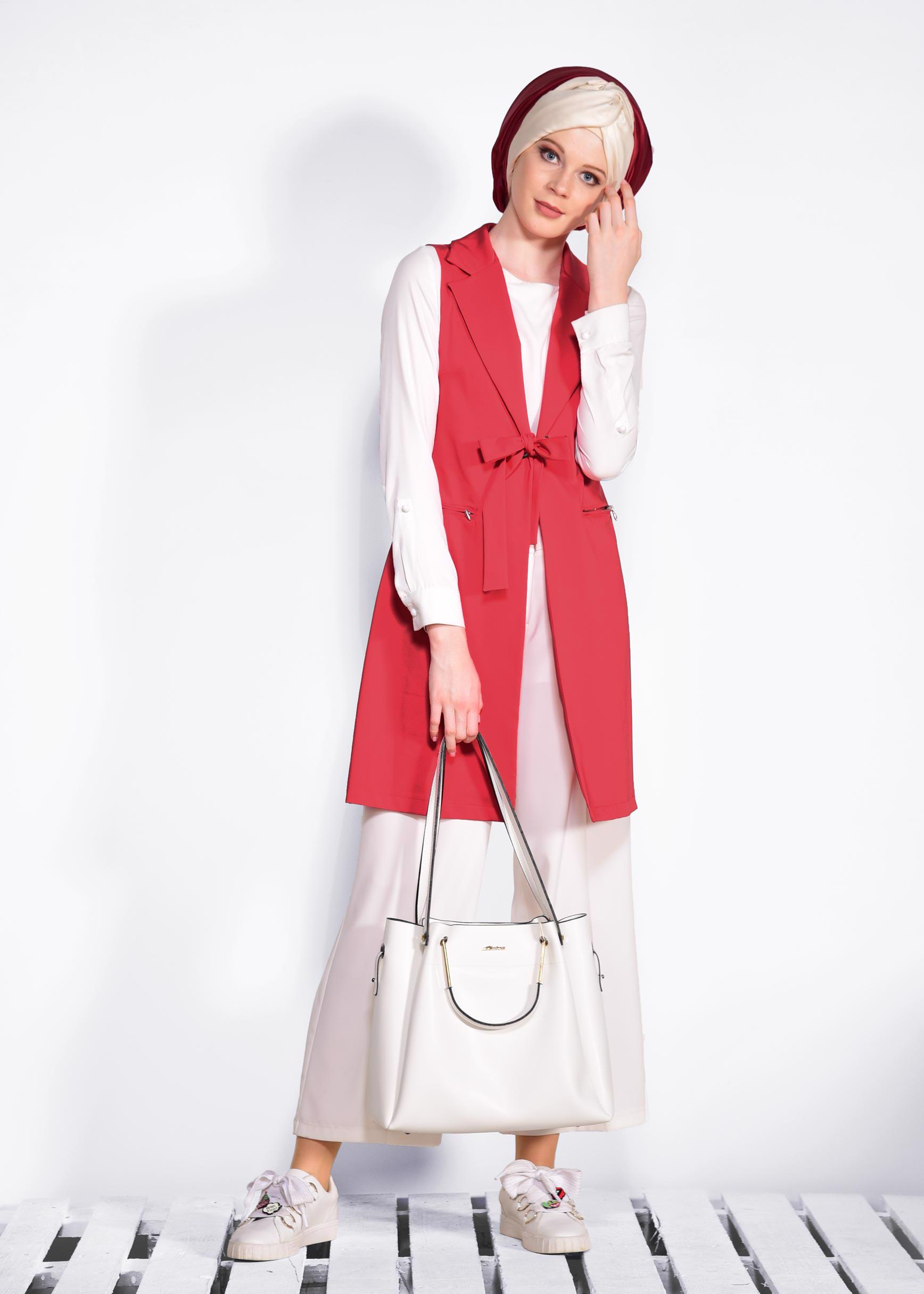 Tesettür giyim KIRMIZI KUŞGÖZÜ DETAYLI PAMUKLU YELEK 4298