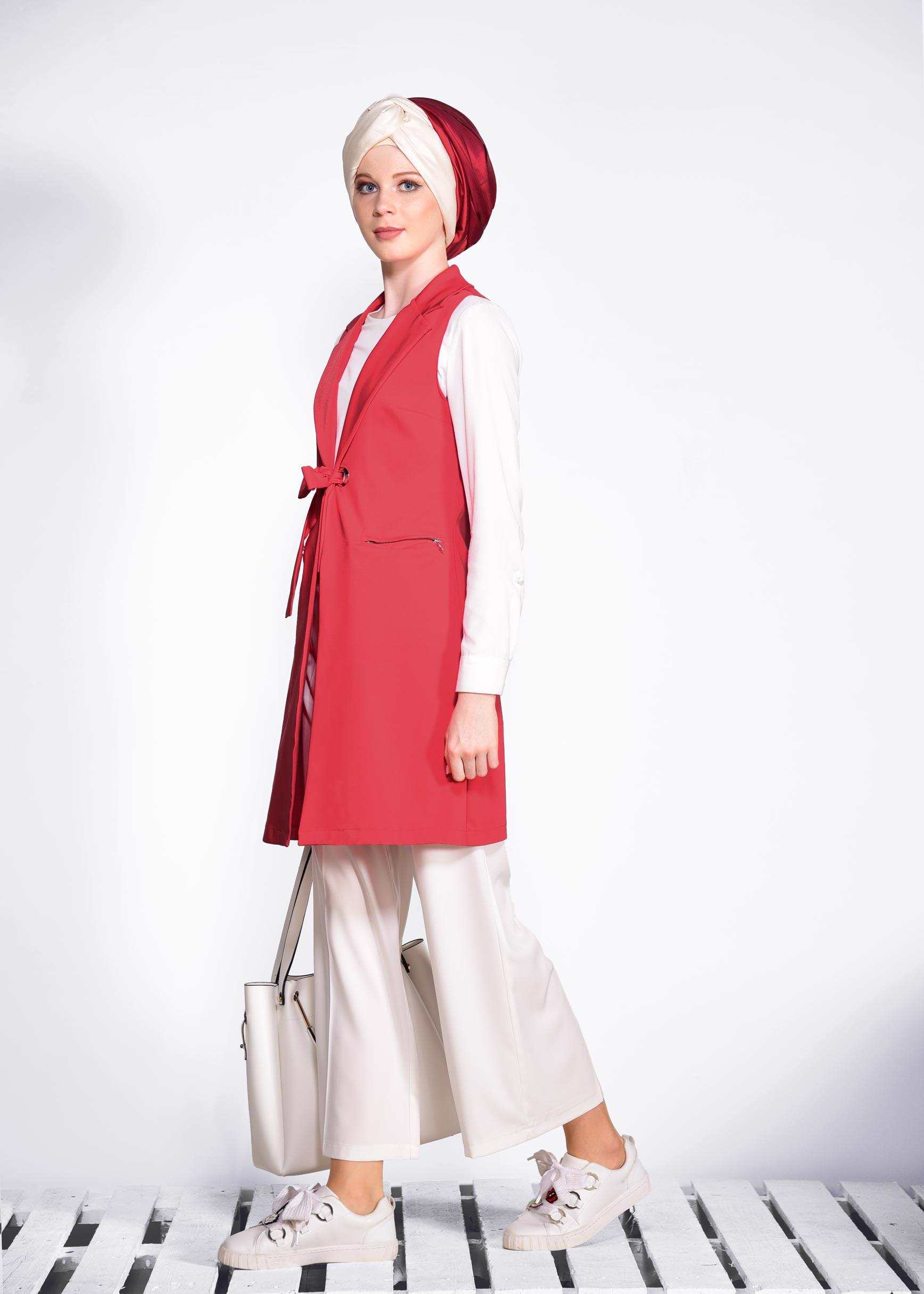 Tesettür giyim KIRMIZI KUŞGÖZÜ DETAYLI PAMUKLU YELEK 4298