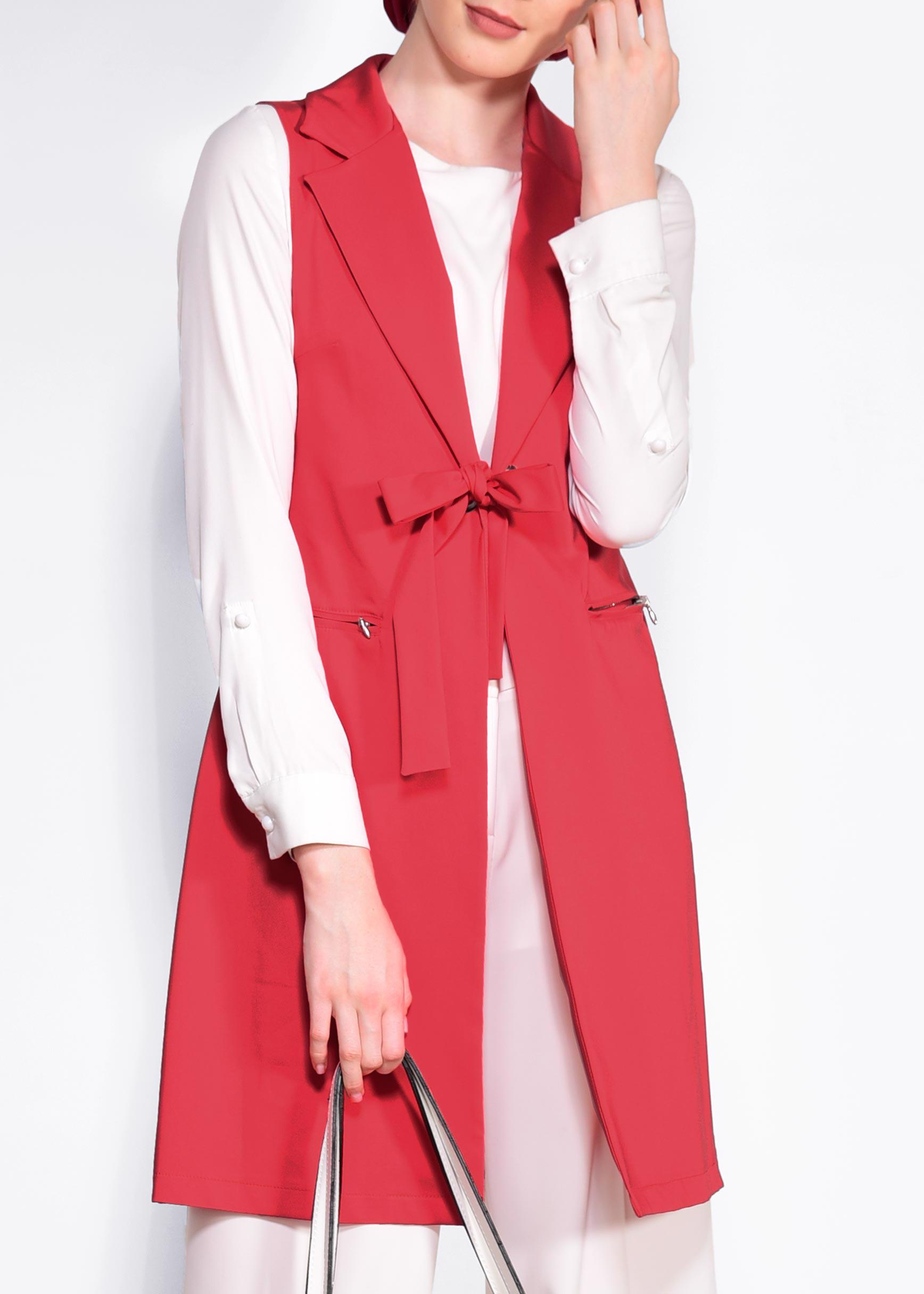 Tesettür giyim KIRMIZI KUŞGÖZÜ DETAYLI PAMUKLU YELEK 4298