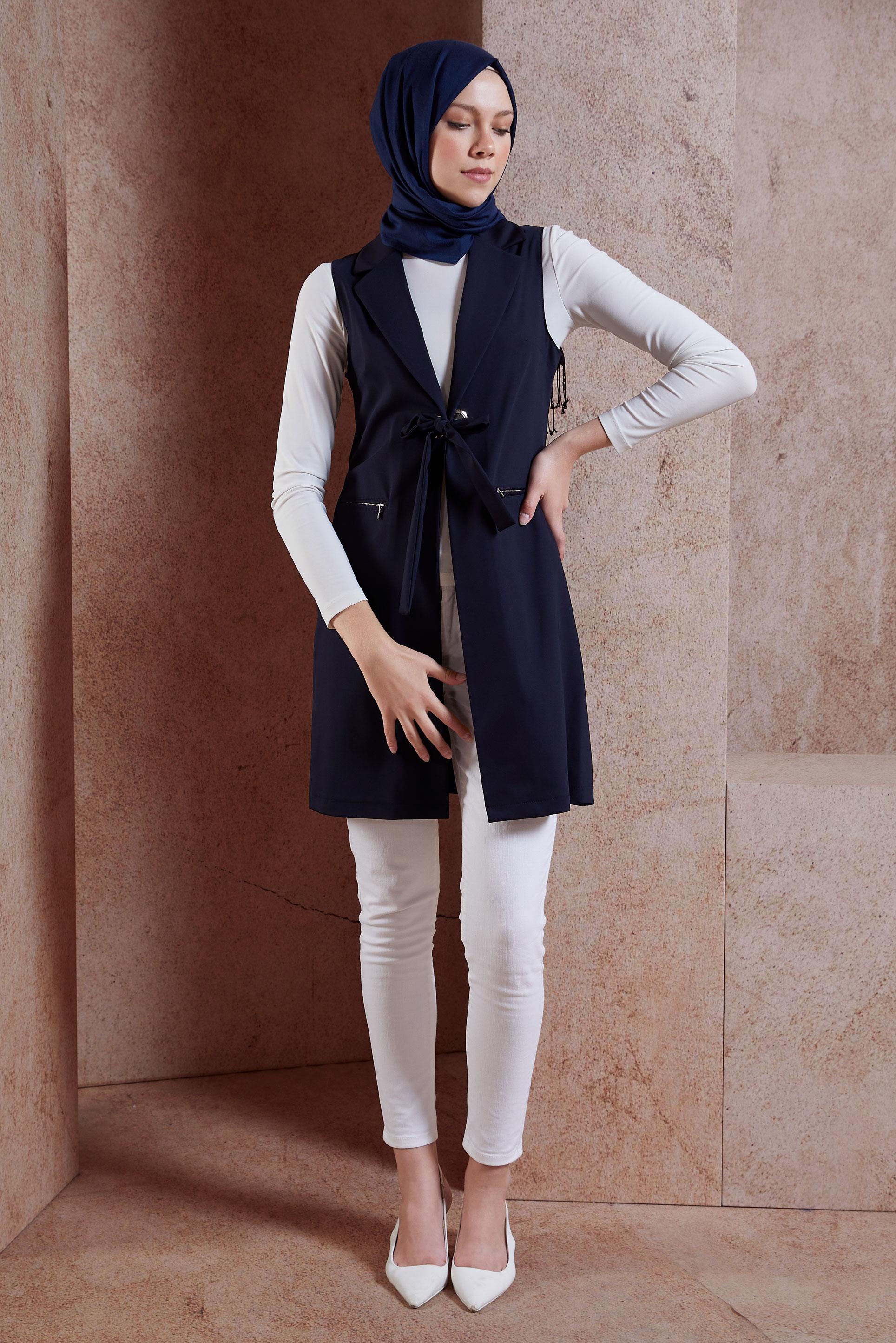 Tesettür giyim LACİVERT KUŞGÖZÜ DETAYLI PAMUKLU YELEK 4298