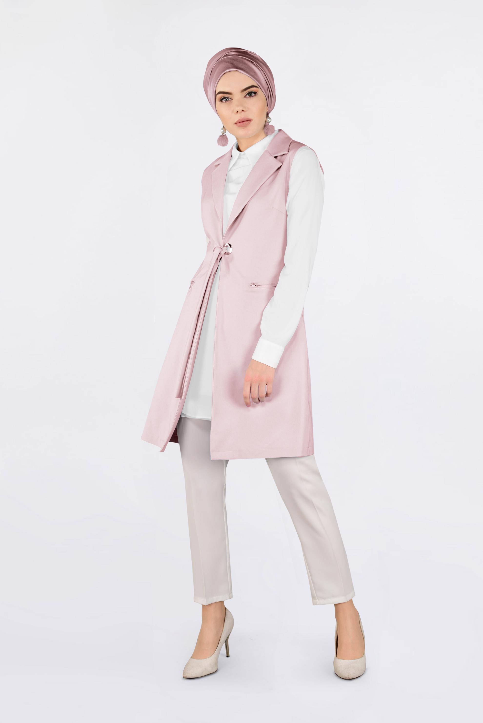 Tesettür giyim PUDRA KUŞGÖZÜ DETAYLI PAMUKLU YELEK 4298