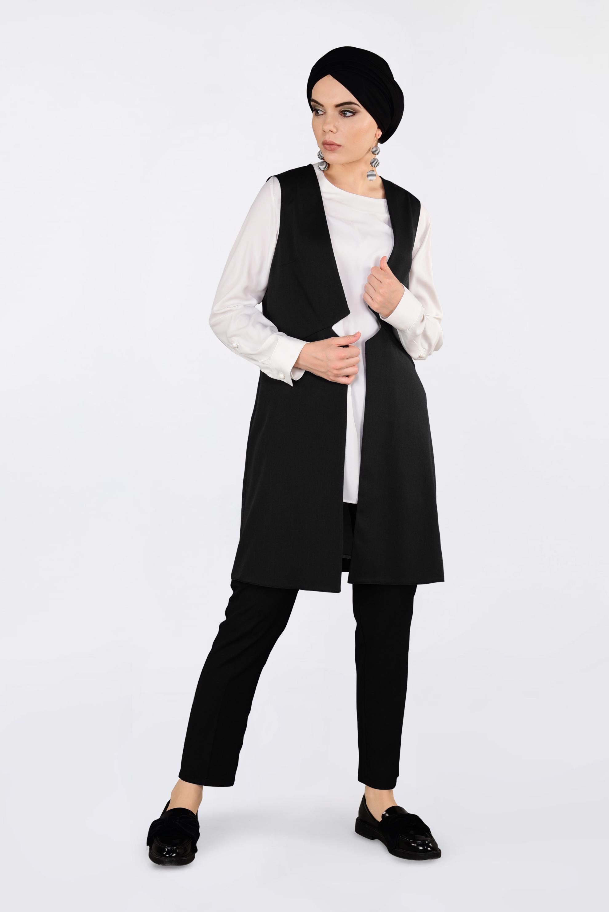 Tesettür giyim SİYAH İKİ YANI CEPLİ KLASİK YELEK 4330