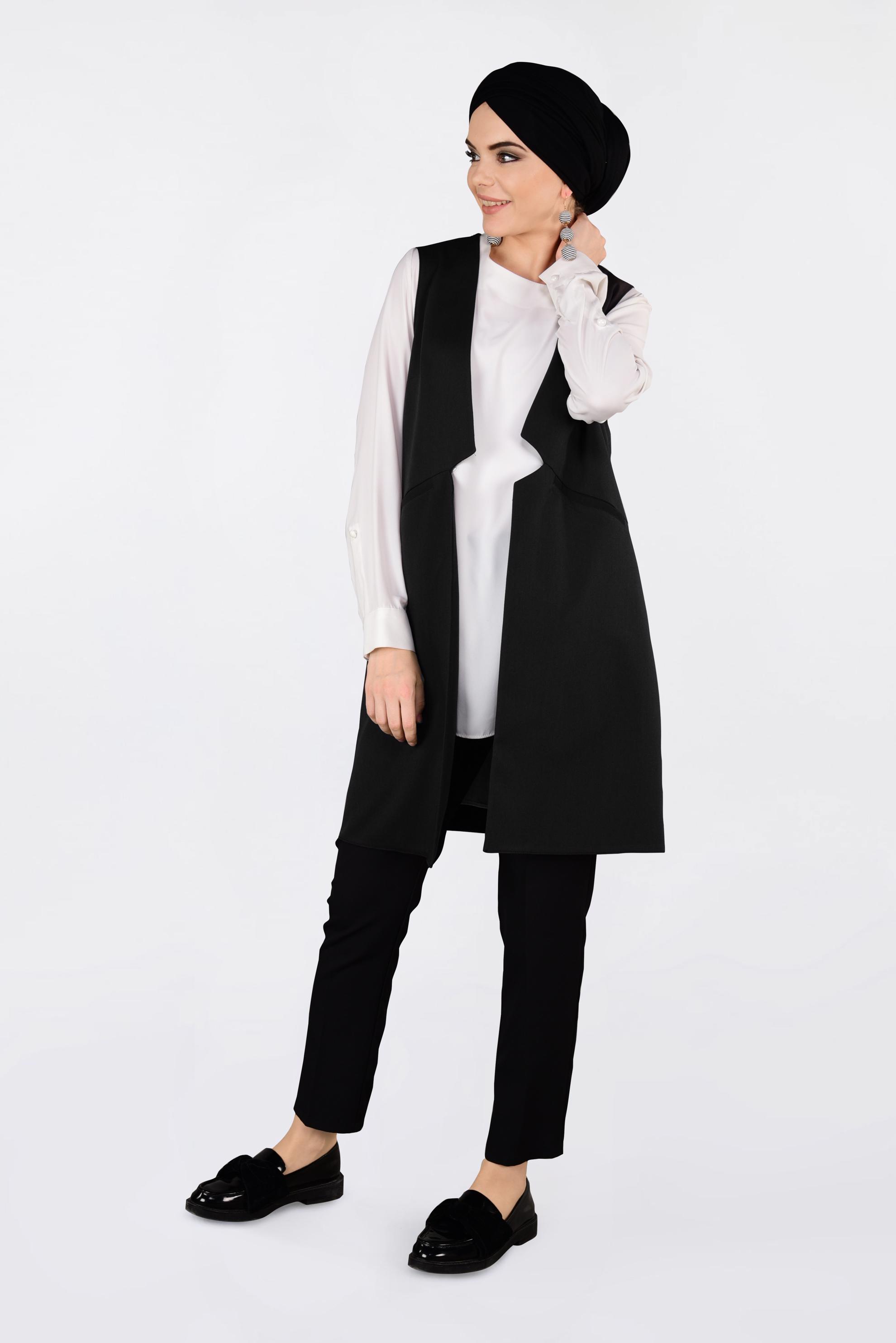 Tesettür giyim SİYAH İKİ YANI CEPLİ KLASİK YELEK 4330