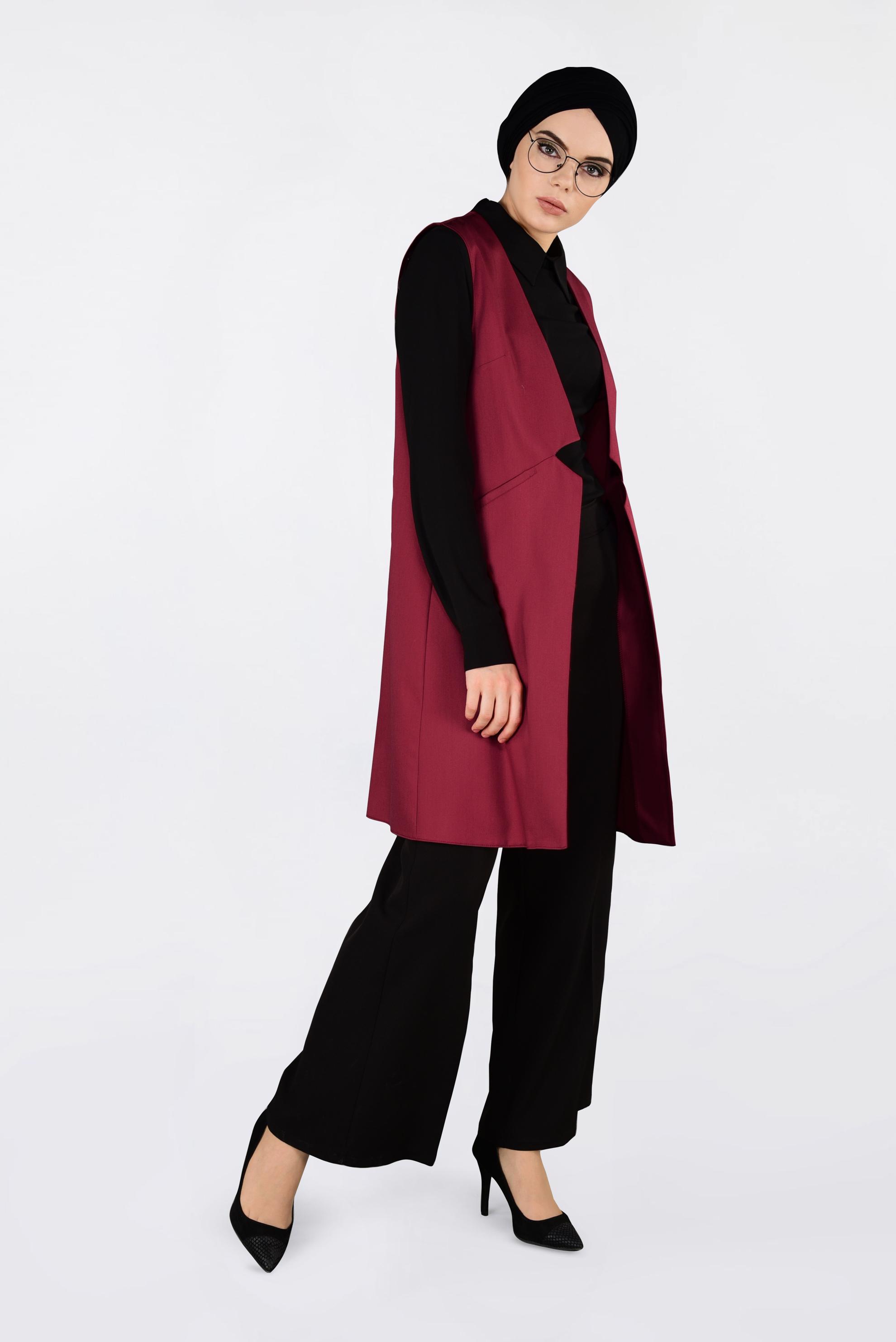 Tesettür giyim KIRMIZI İKİ YANI CEPLİ KLASİK YELEK 4330