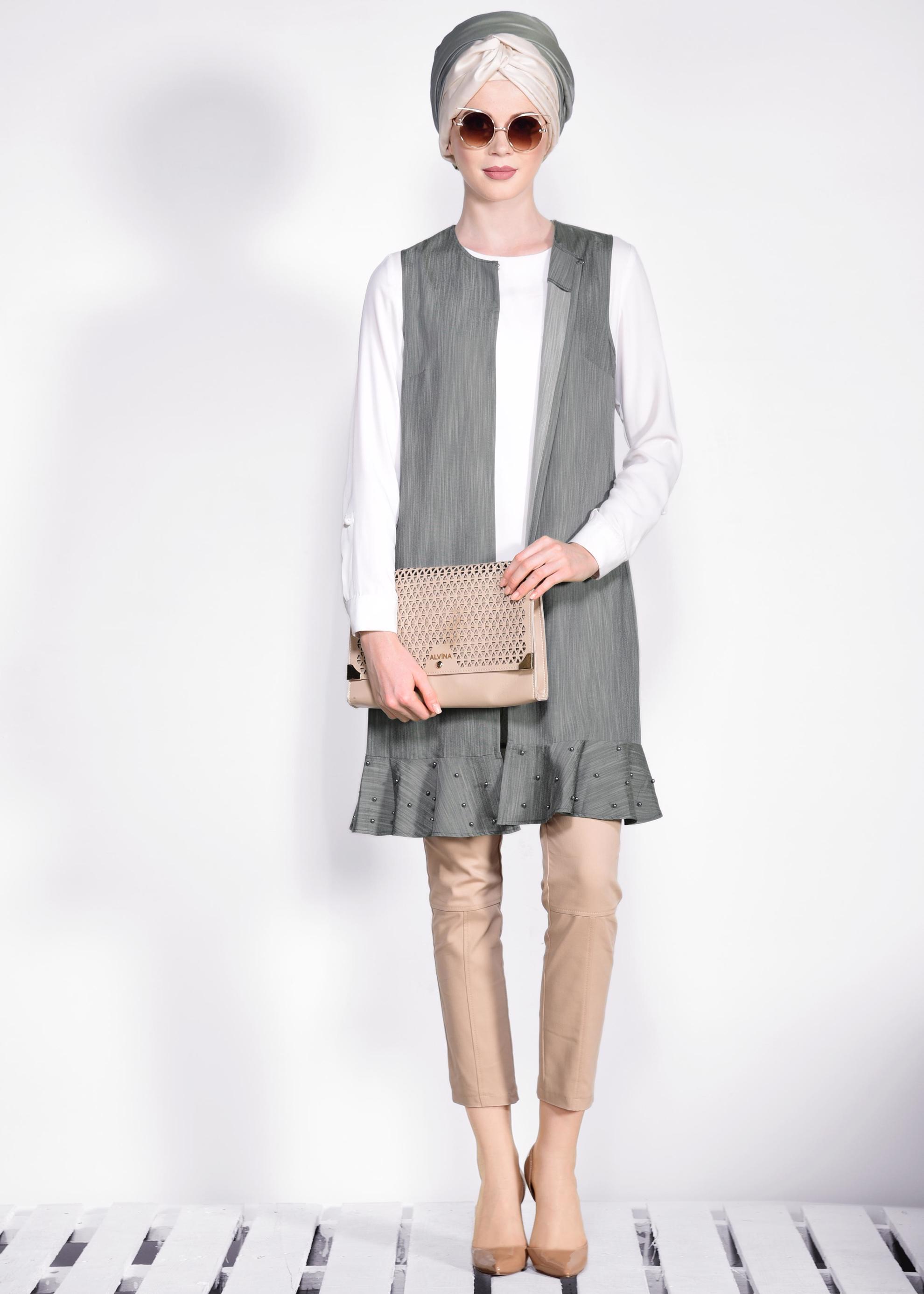 Tesettür giyim HAKİ ETEK UCU İNCİLİ VE VOLANLI YELEK 4331