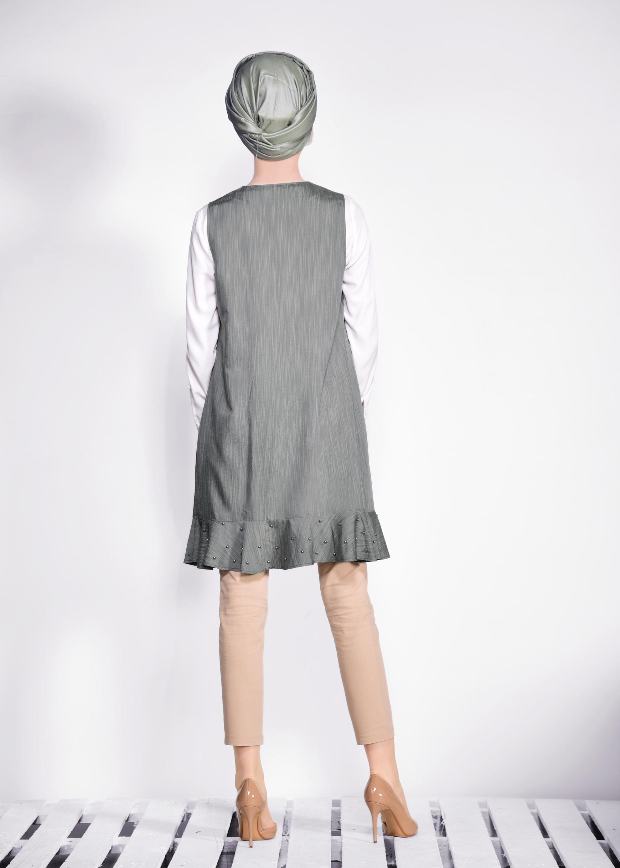 Tesettür giyim HAKİ ETEK UCU İNCİLİ VE VOLANLI YELEK 4331