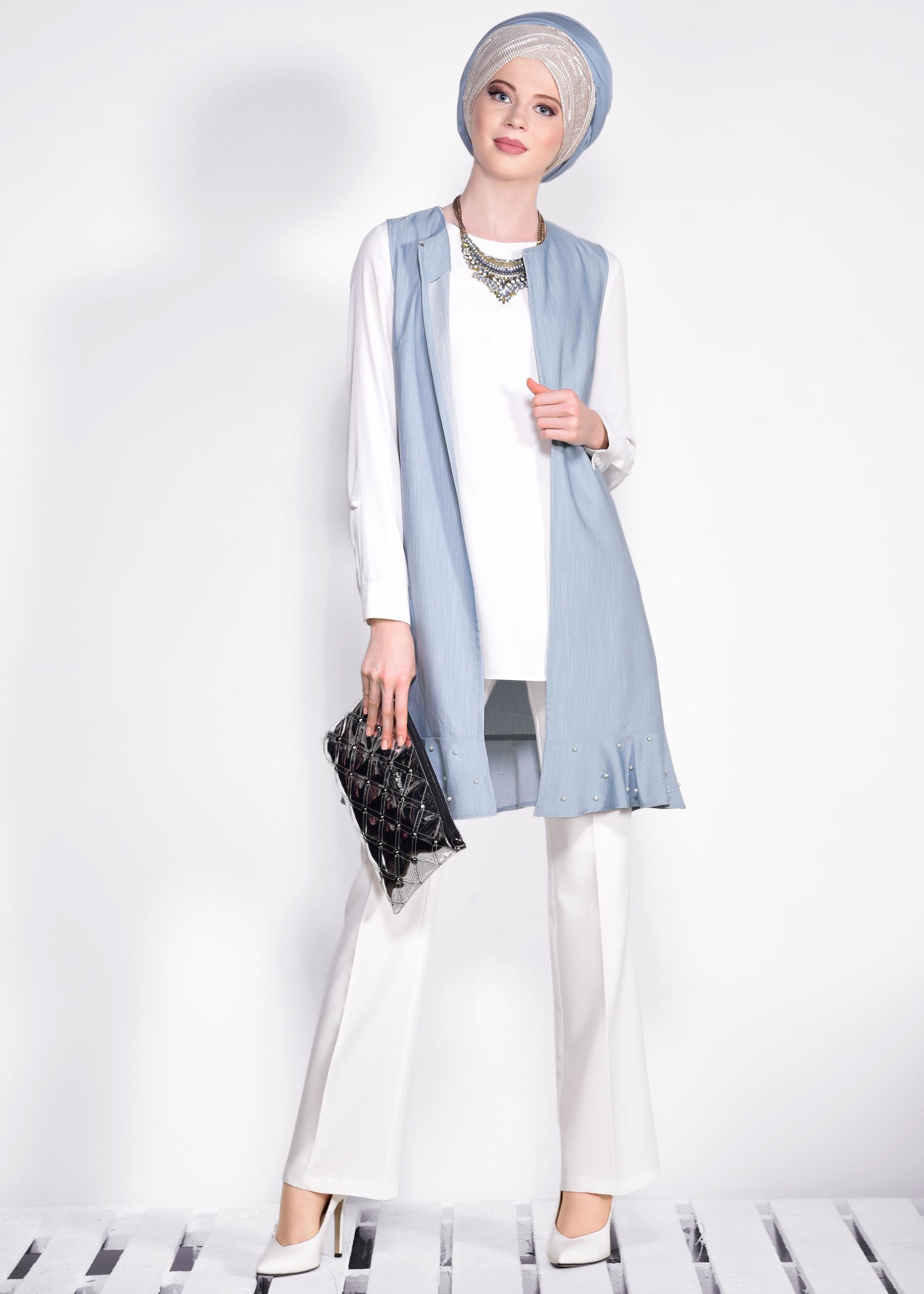 Tesettür giyim MAVİ ETEK UCU İNCİLİ VE VOLANLI YELEK 4331