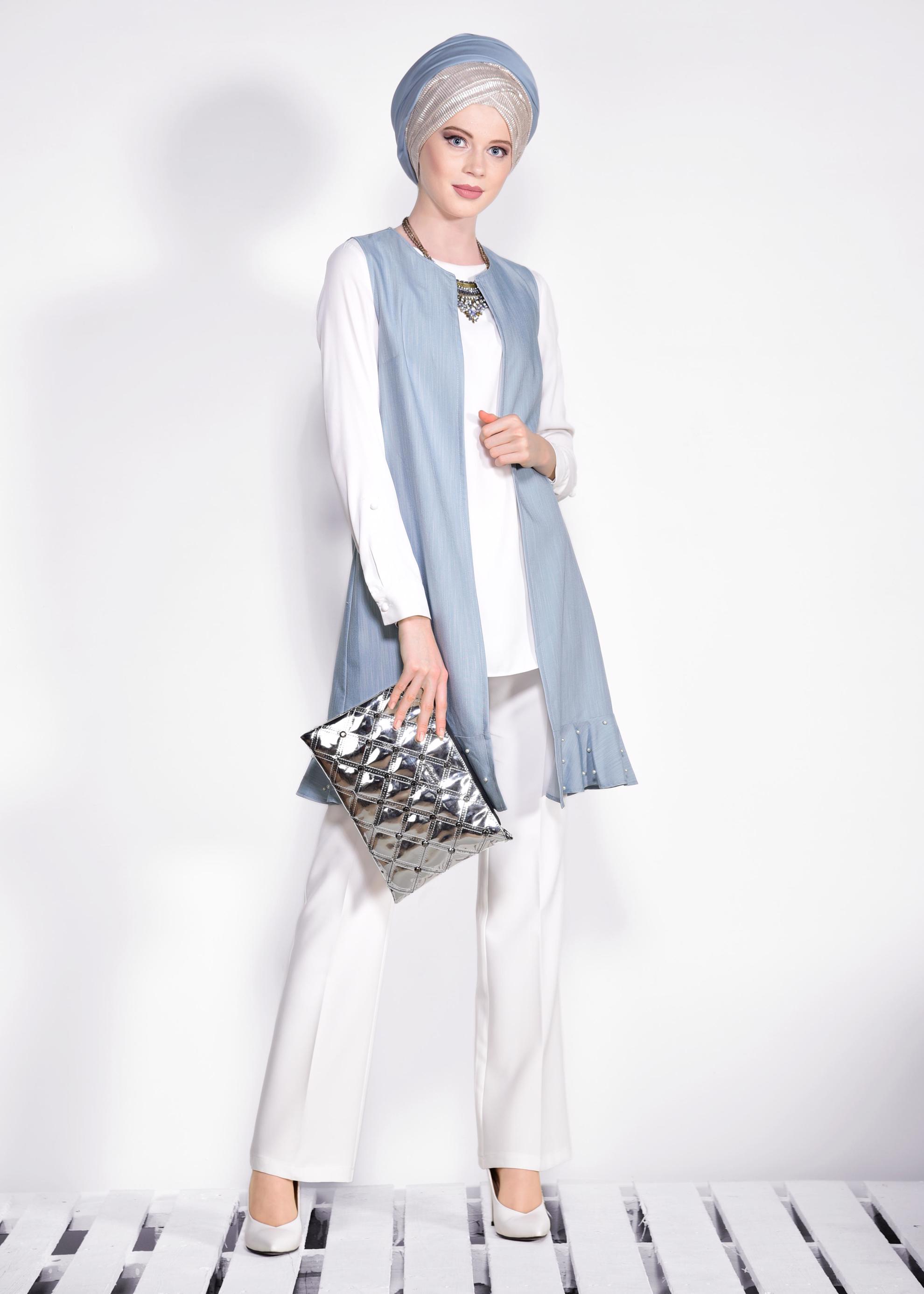 Tesettür giyim MAVİ ETEK UCU İNCİLİ VE VOLANLI YELEK 4331