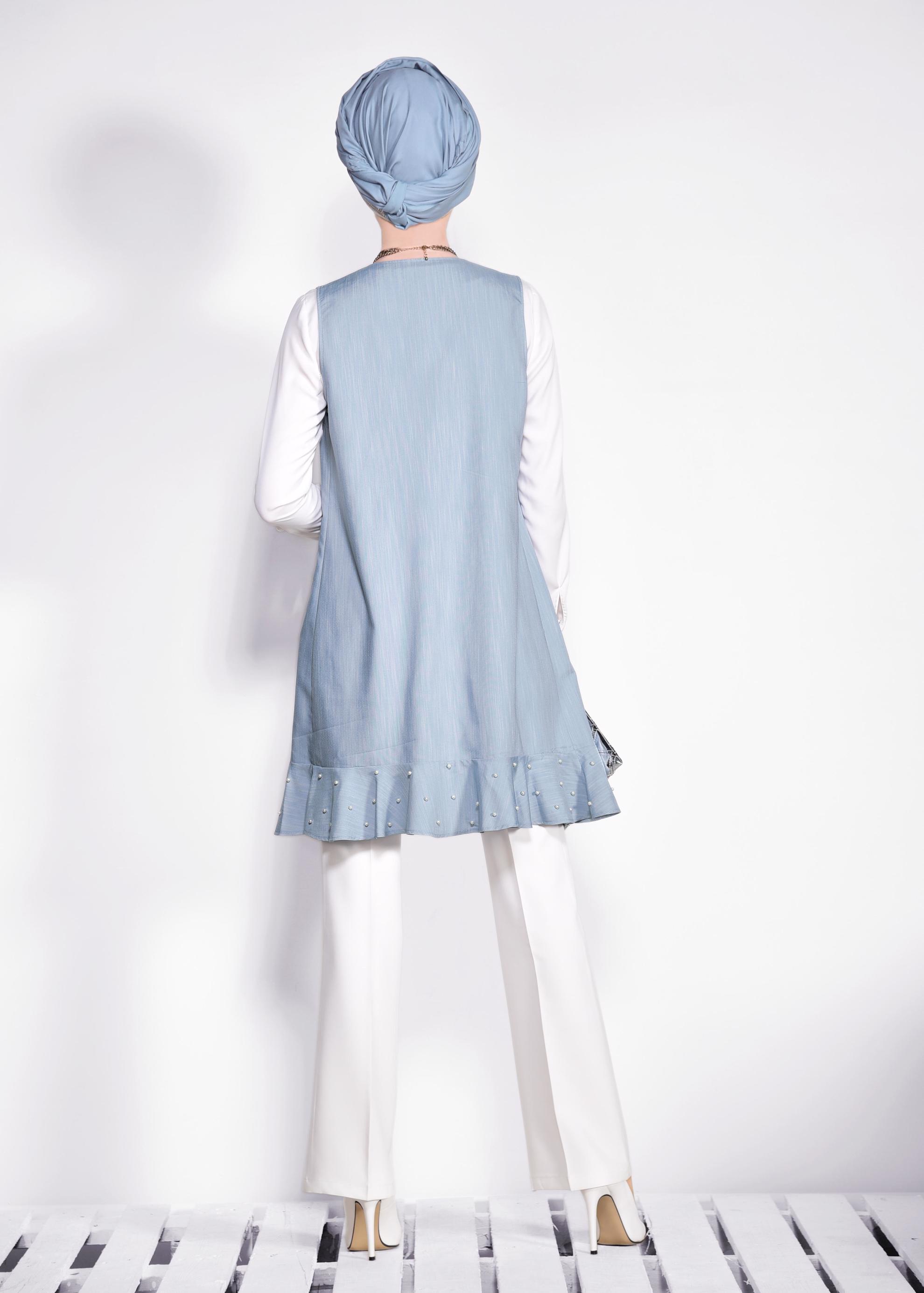 Tesettür giyim MAVİ ETEK UCU İNCİLİ VE VOLANLI YELEK 4331