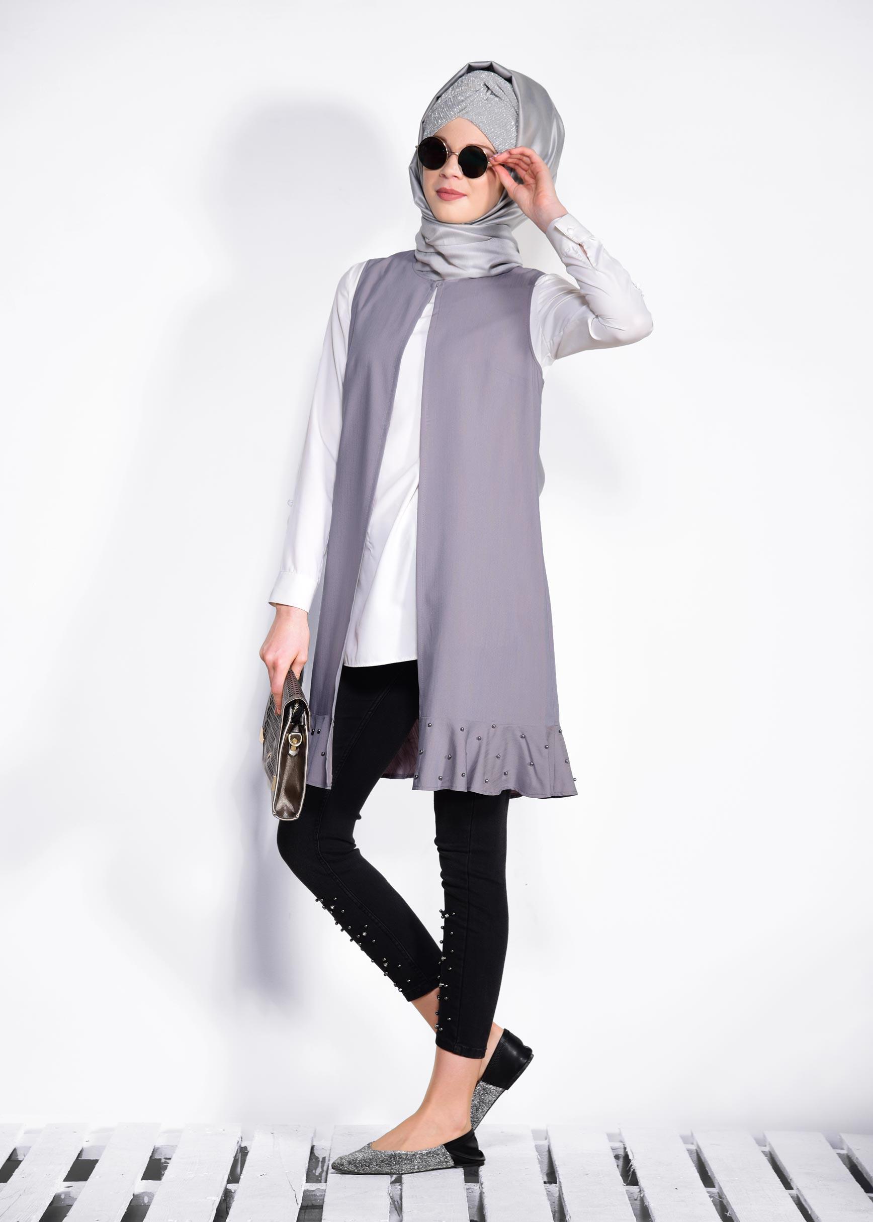 Tesettür giyim GRİ ETEK UCU İNCİLİ VE VOLANLI YELEK 4331