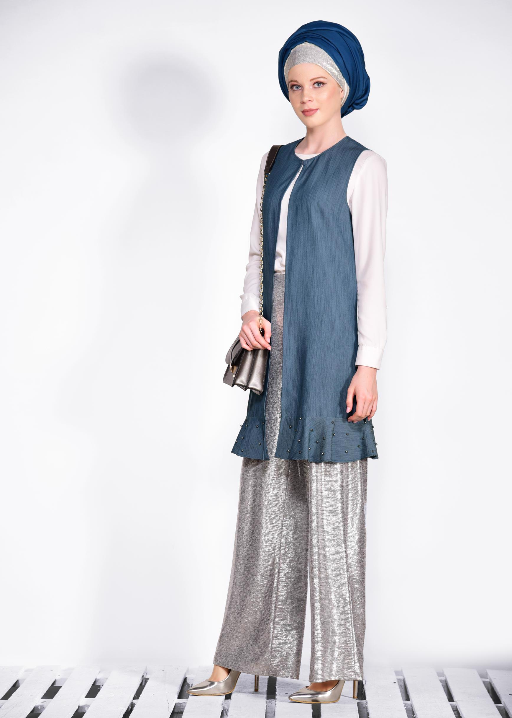 Tesettür giyim LACİVERT ETEK UCU İNCİLİ VE VOLANLI YELEK 4331