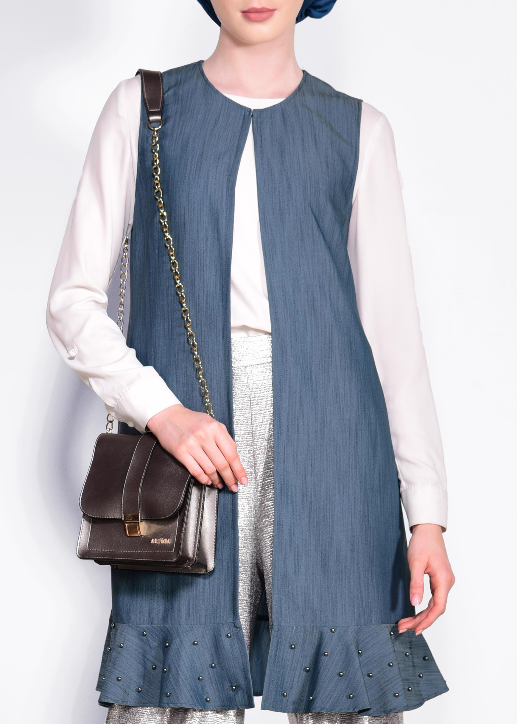 Tesettür giyim LACİVERT ETEK UCU İNCİLİ VE VOLANLI YELEK 4331