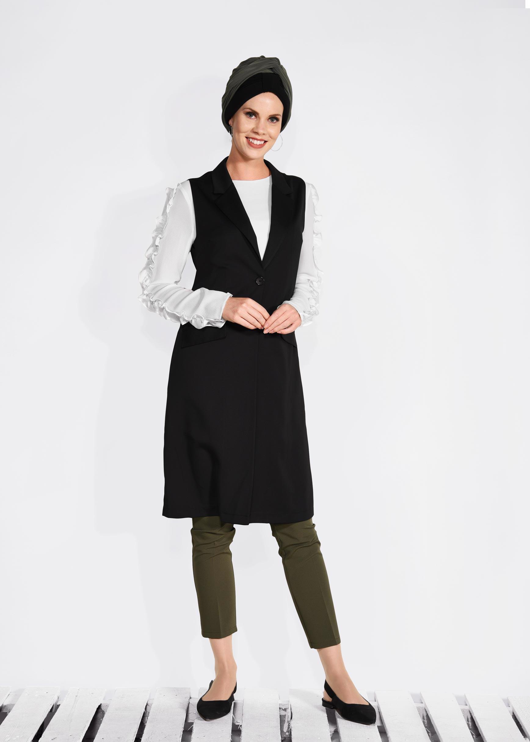 Tesettür giyim SİYAH ÖNDEN DÜĞMELİ UZUN YELEK 4332