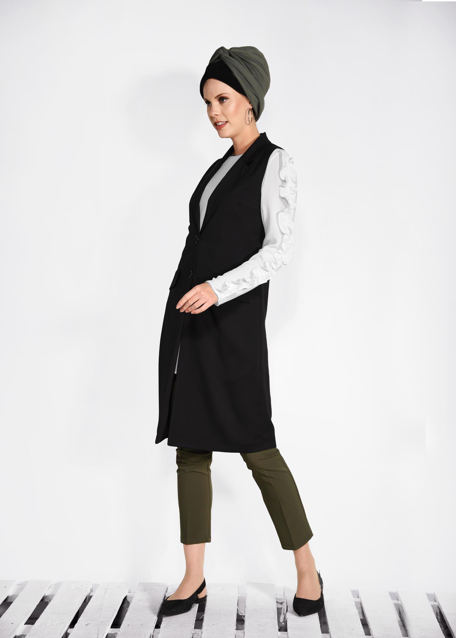 Tesettür giyim SİYAH ÖNDEN DÜĞMELİ UZUN YELEK 4332