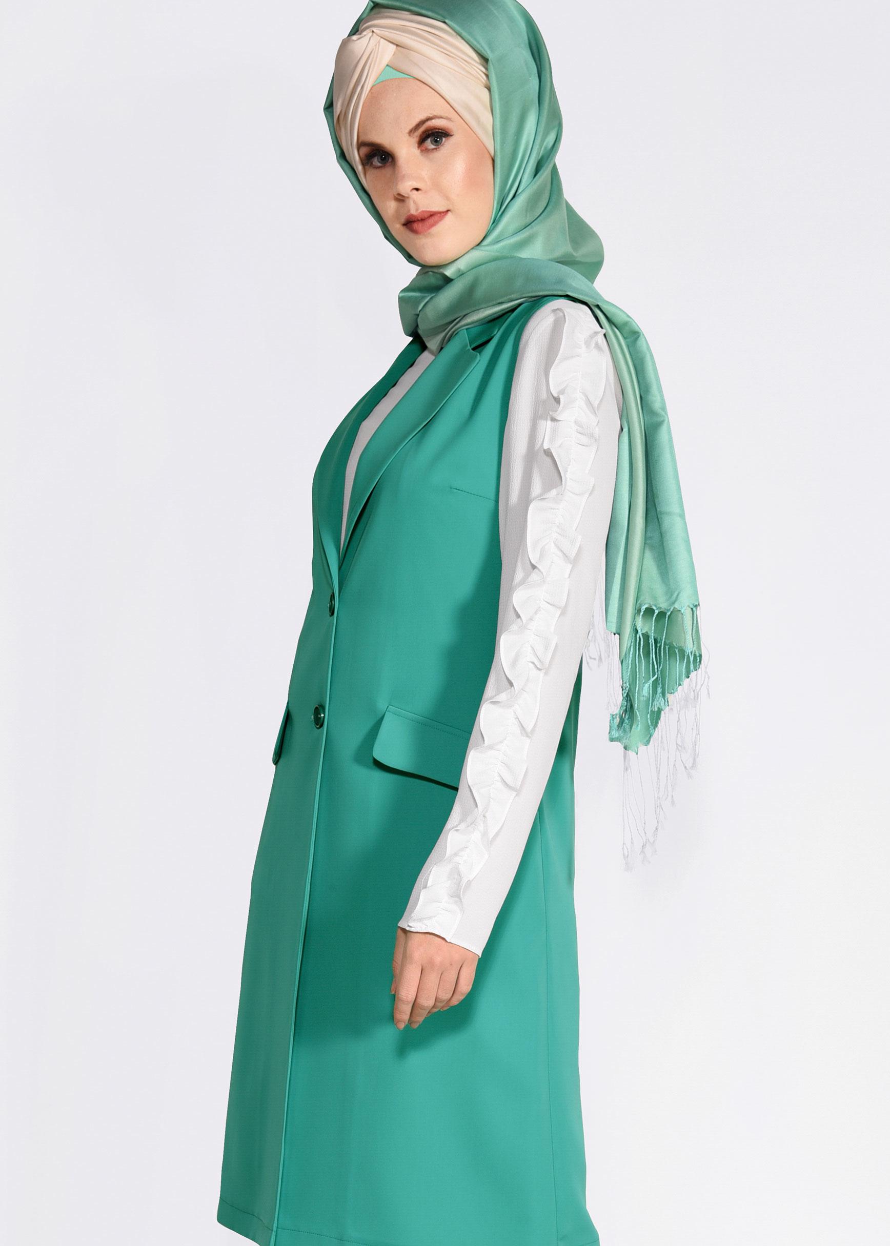Tesettür giyim YEŞİL ÖNDEN DÜĞMELİ UZUN YELEK 4332