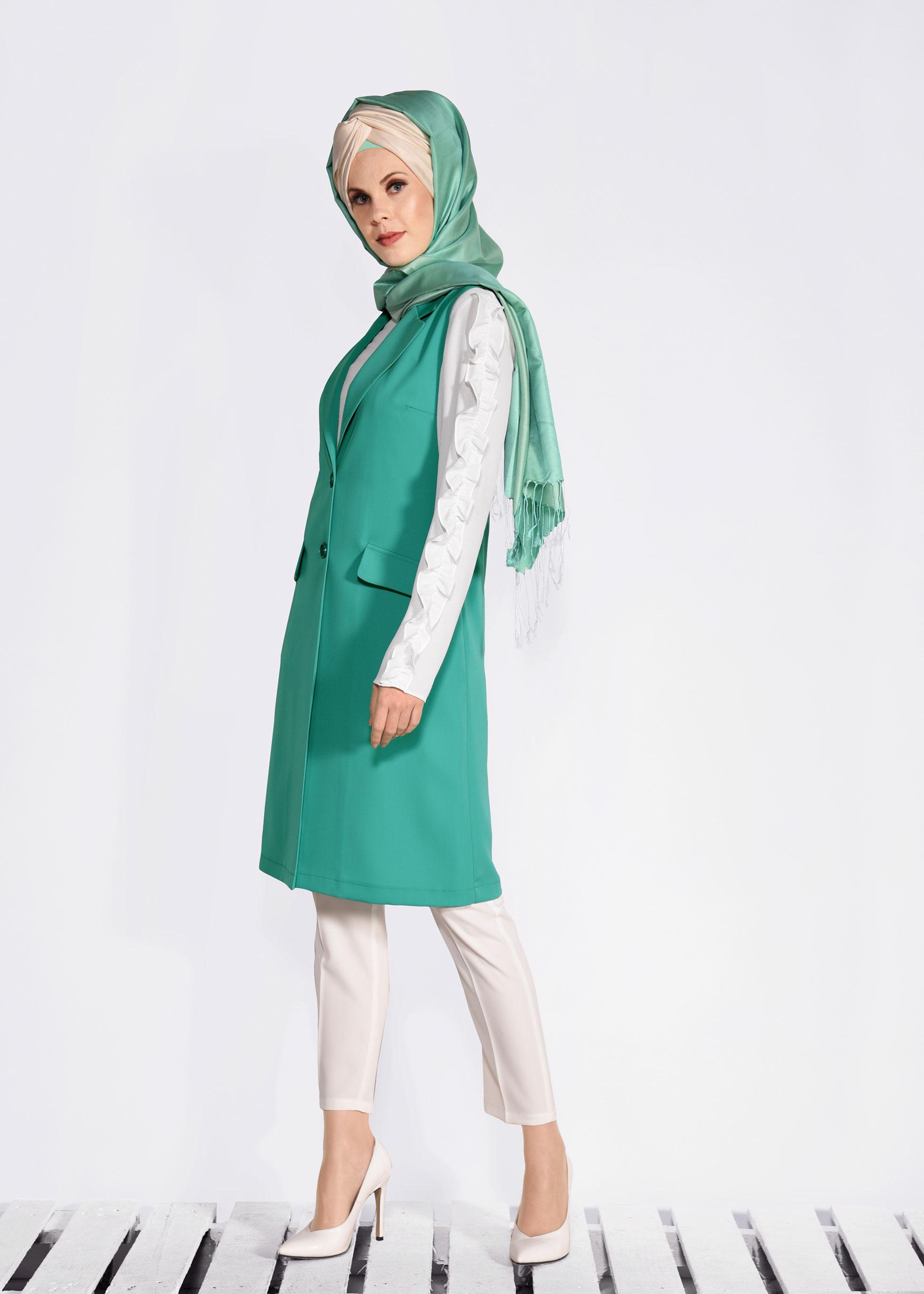 Tesettür giyim YEŞİL ÖNDEN DÜĞMELİ UZUN YELEK 4332