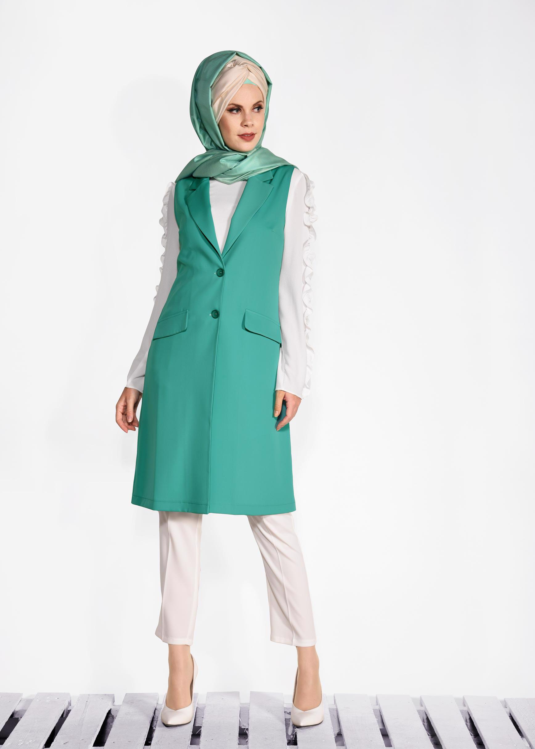 Tesettür giyim YEŞİL ÖNDEN DÜĞMELİ UZUN YELEK 4332