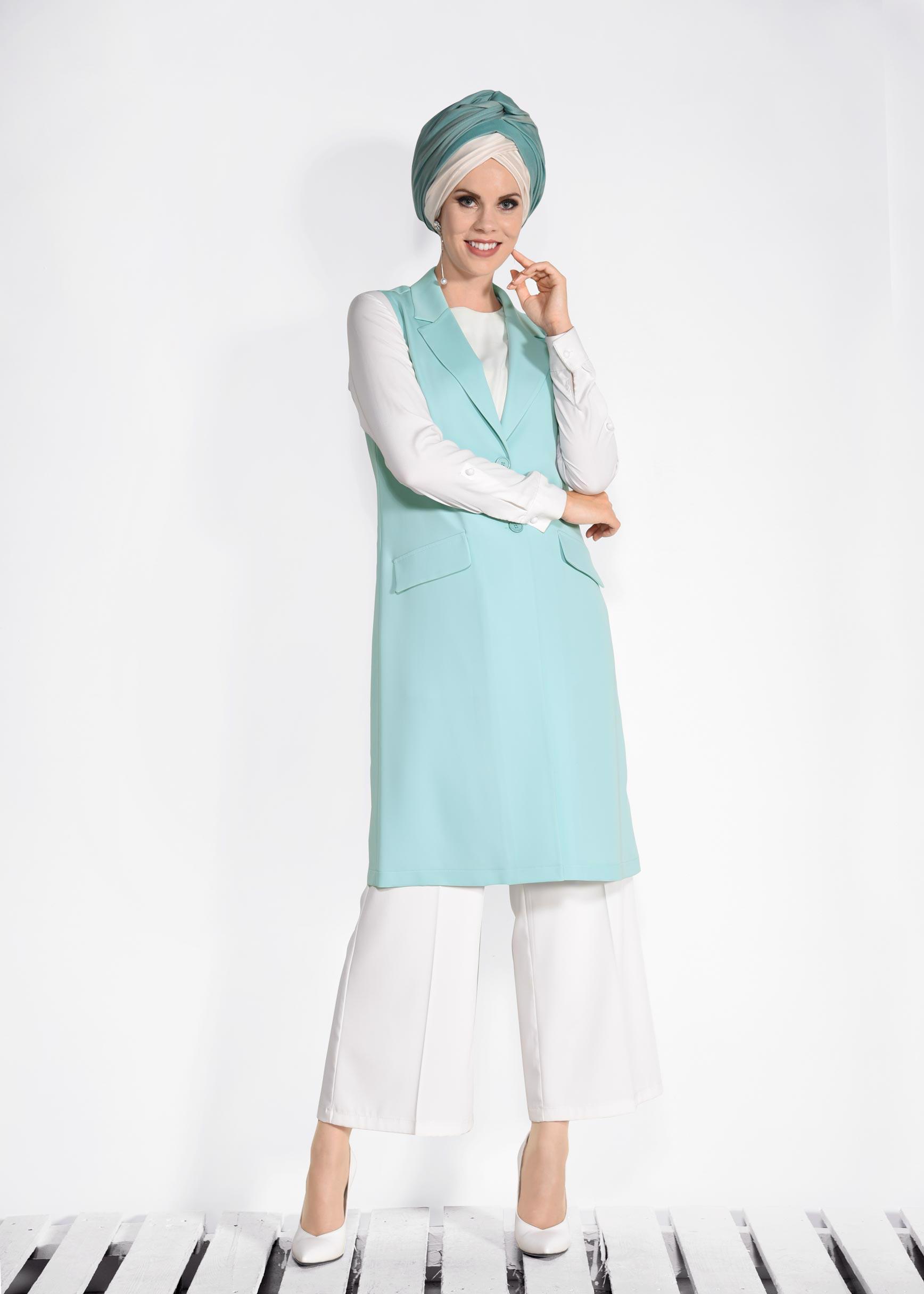 Tesettür giyim MAVİ ÖNDEN DÜĞMELİ UZUN YELEK 4332