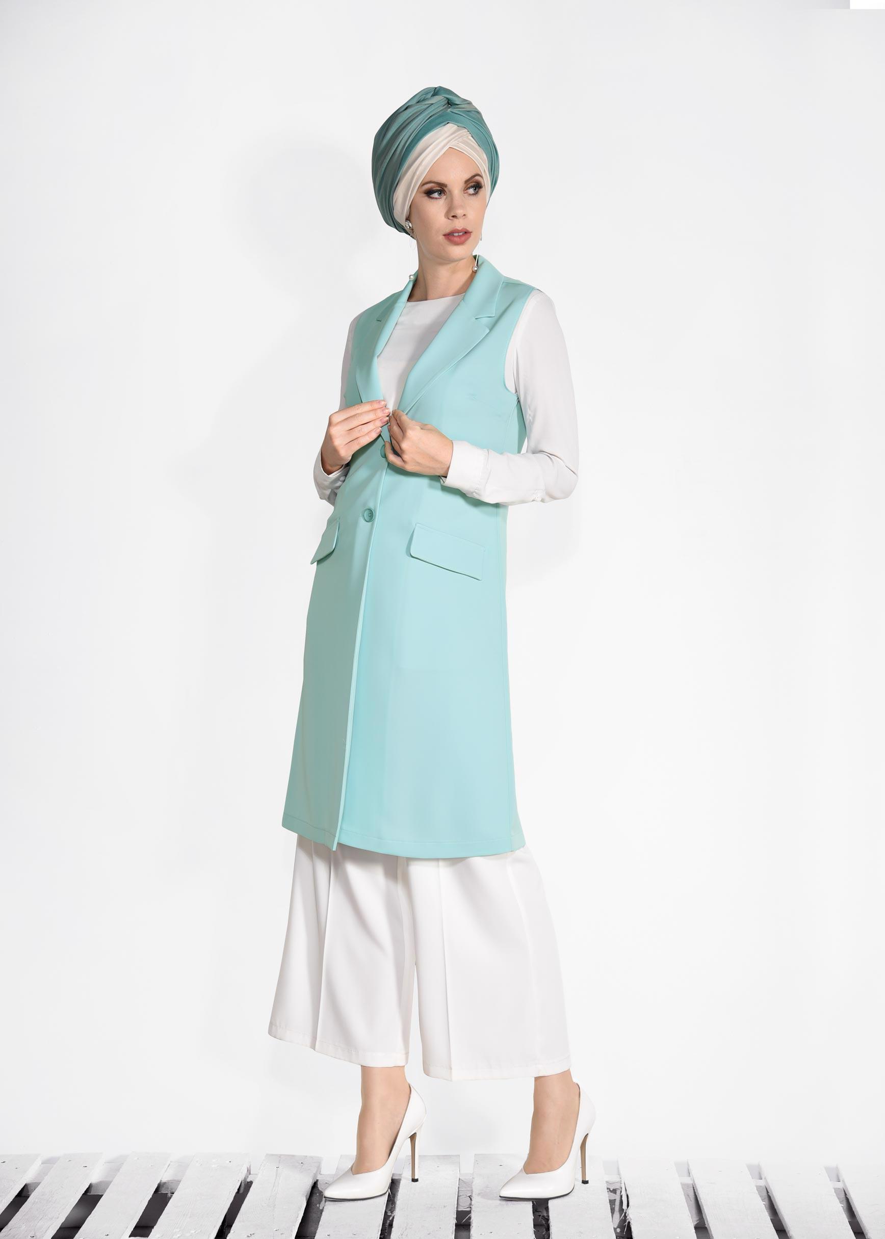 Tesettür giyim MAVİ ÖNDEN DÜĞMELİ UZUN YELEK 4332