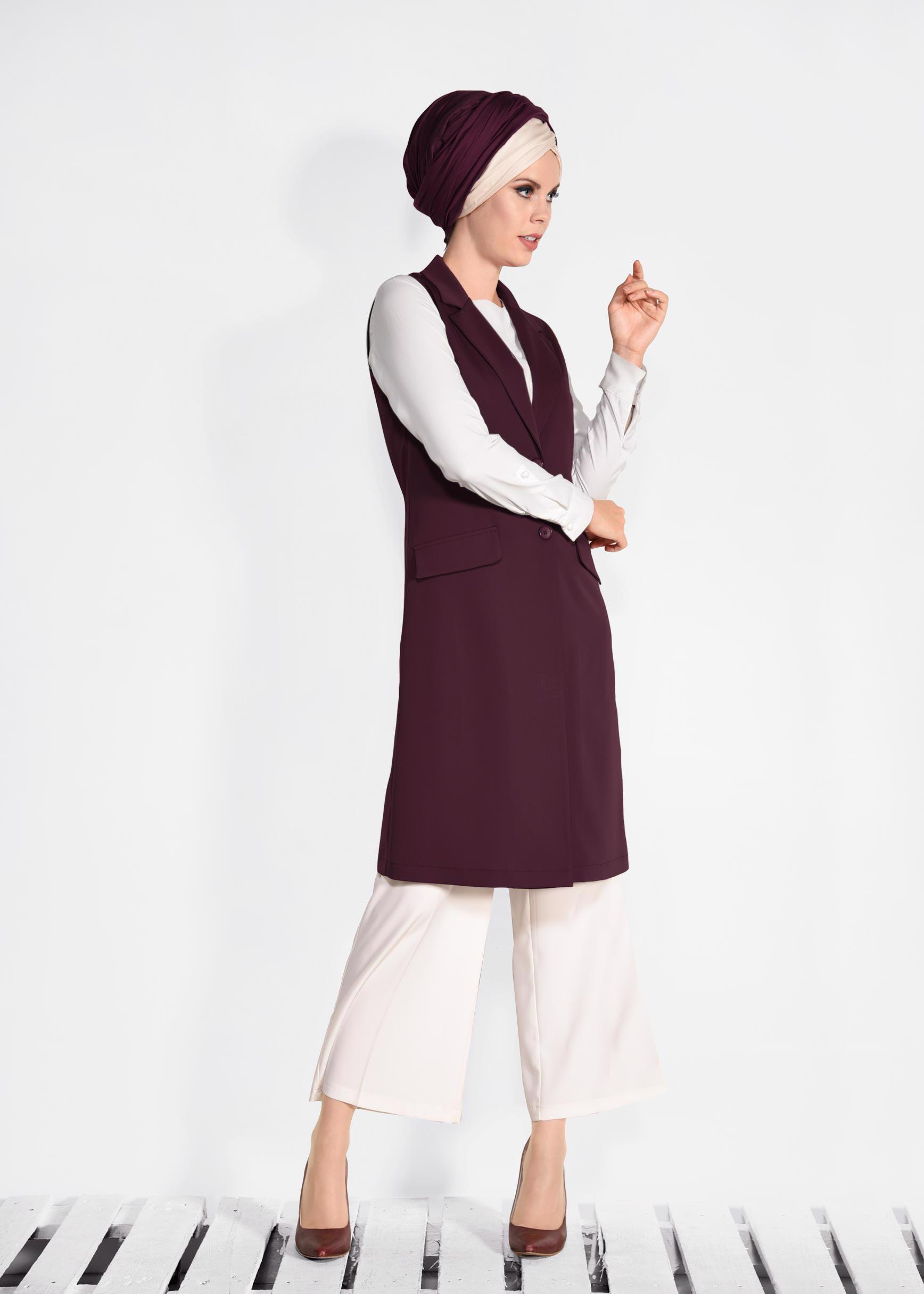 Tesettür giyim BORDO ÖNDEN DÜĞMELİ UZUN YELEK 4332