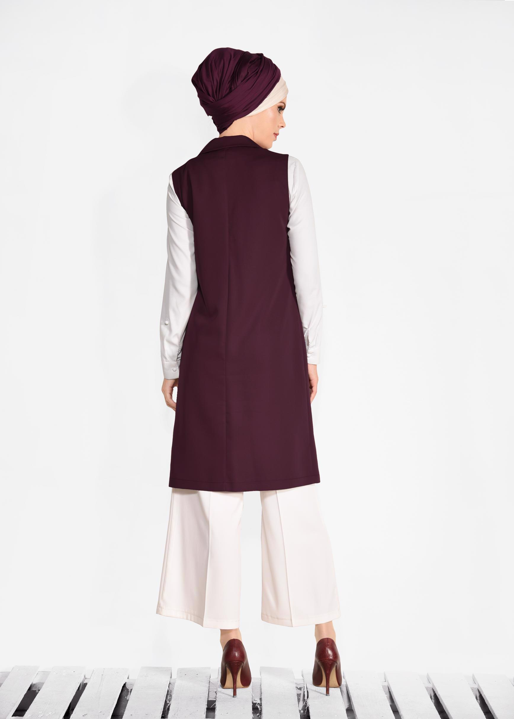Tesettür giyim BORDO ÖNDEN DÜĞMELİ UZUN YELEK 4332