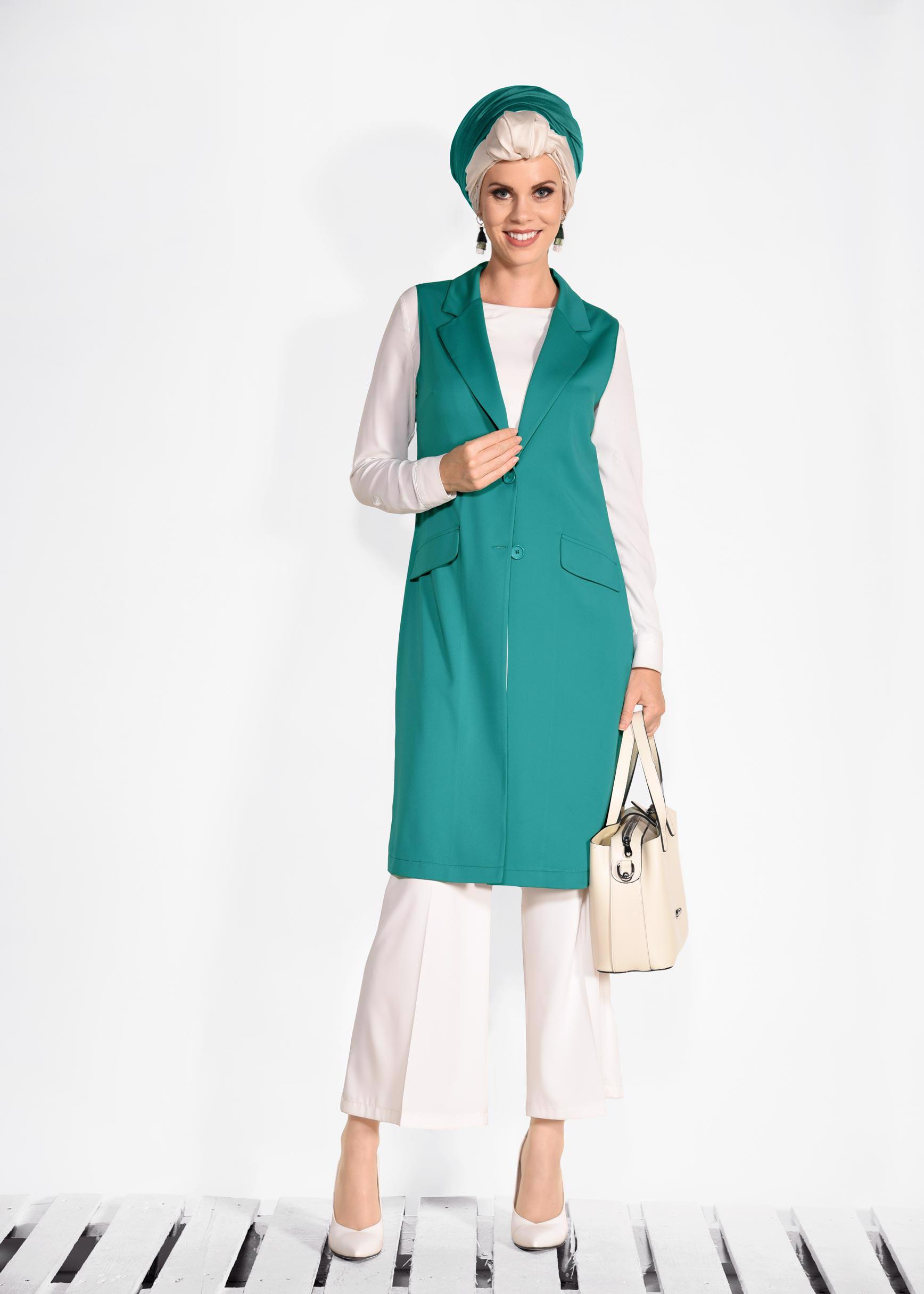 Tesettür giyim MAVİ ÖNDEN DÜĞMELİ UZUN YELEK 4332